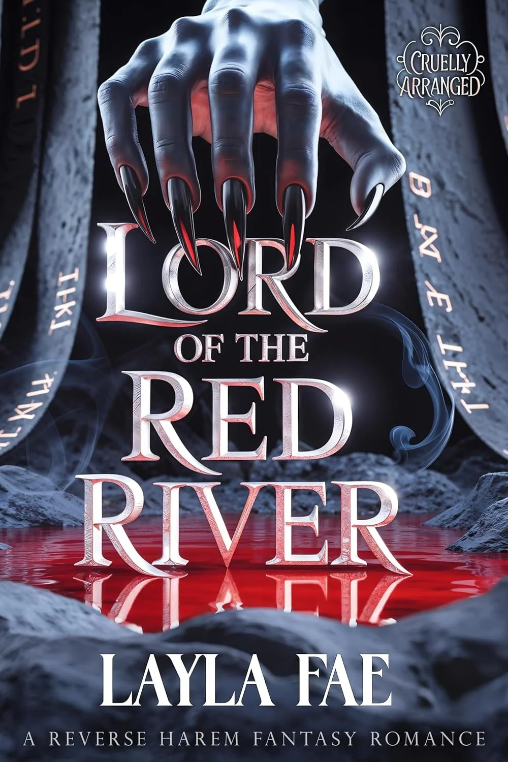 Book cover titled "LORD OF THE RED RIVER" by Layla Fae, featuring a large hand with long red and black nails reaching towards the title. The background depicts a rocky landscape with a red river and blue mist, and a banner with the words "Cruelly Arranged."