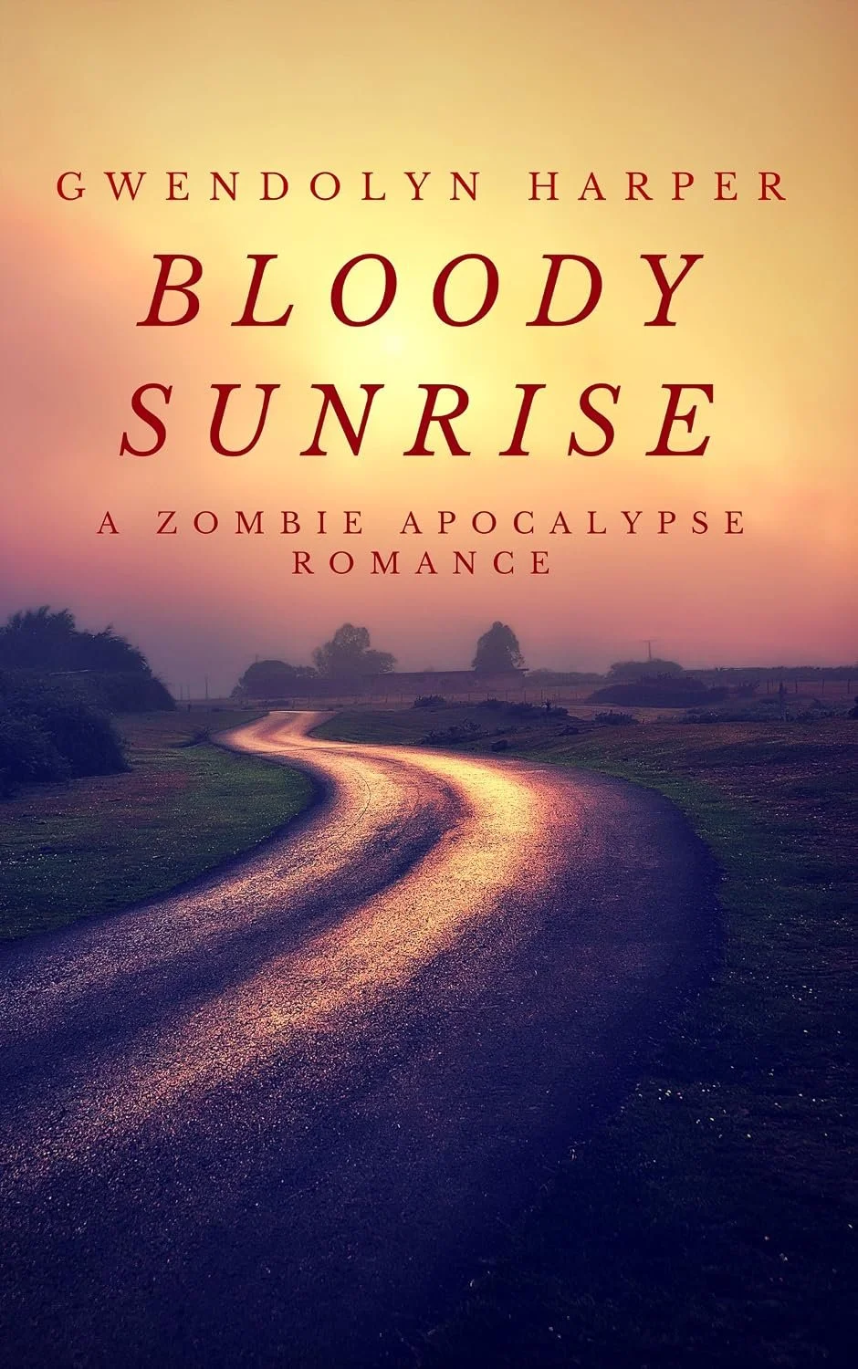 Book cover with a winding road in a rural landscape at sunset, featuring the title "Bloody Sunrise" by Gwendolyn Harper, a zombie apocalypse romance novel.
