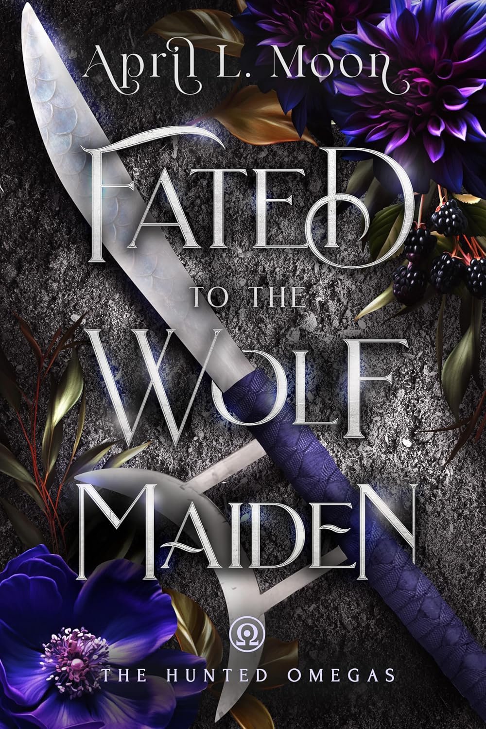 Book cover titled 'Fated to the Wolf Maiden' by April L. Moon, part of 'The Hunted Omegas' series, featuring a dark background, open dagger with a purple handle, purple flowers, blackberries, and gold leaves.