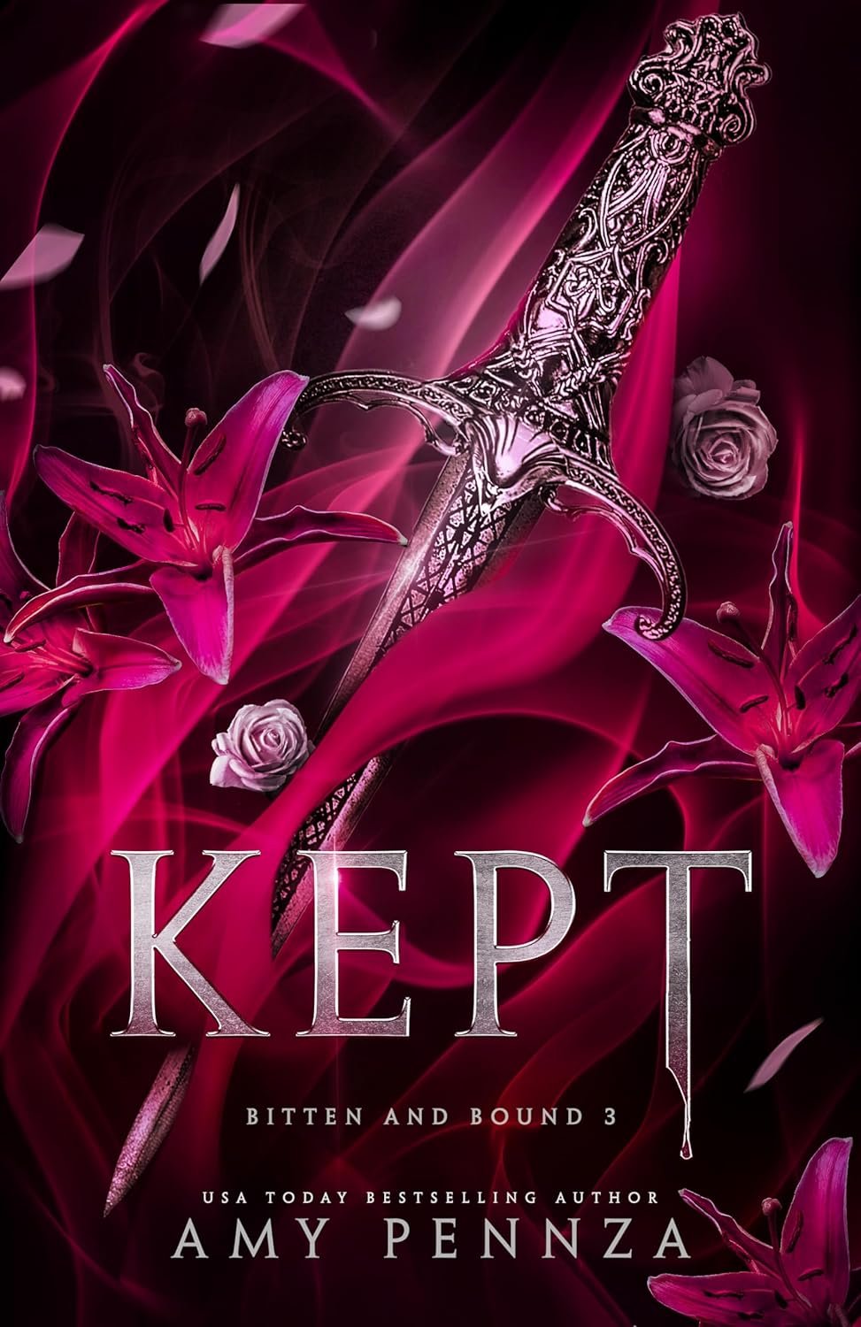Book cover with a dark pink and black background featuring a silver dagger with an ornate handle, surrounded by pink lilies and roses, and the title 'KEPT' by Amy Pennza.