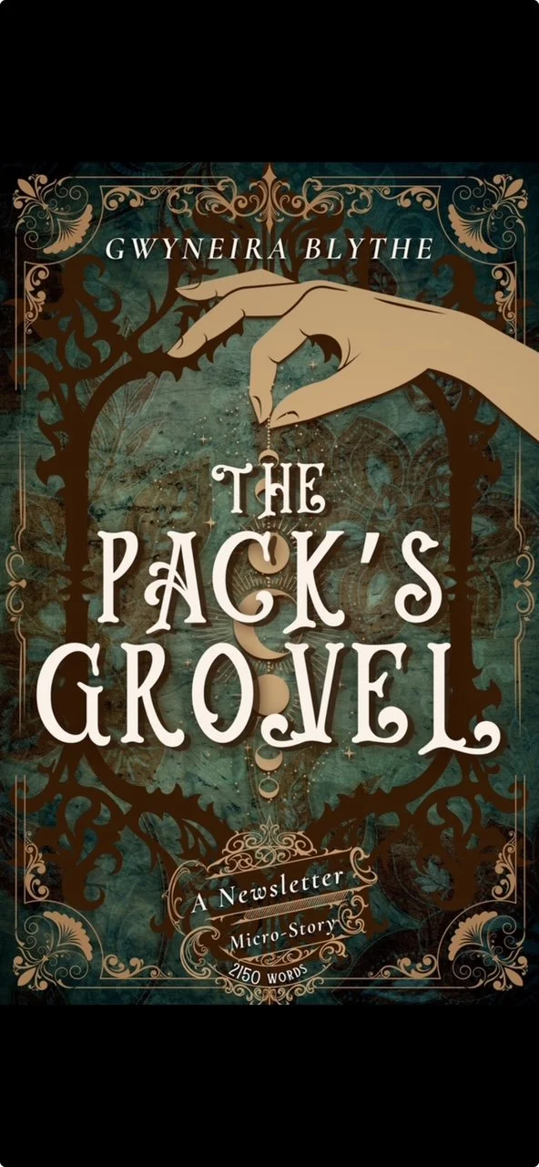 Book cover titled 'The Pack's Grovel' by Gwyneira Blythe, featuring an illustration of a hand holding a small object above a large question mark, surrounded by ornate decorative elements.