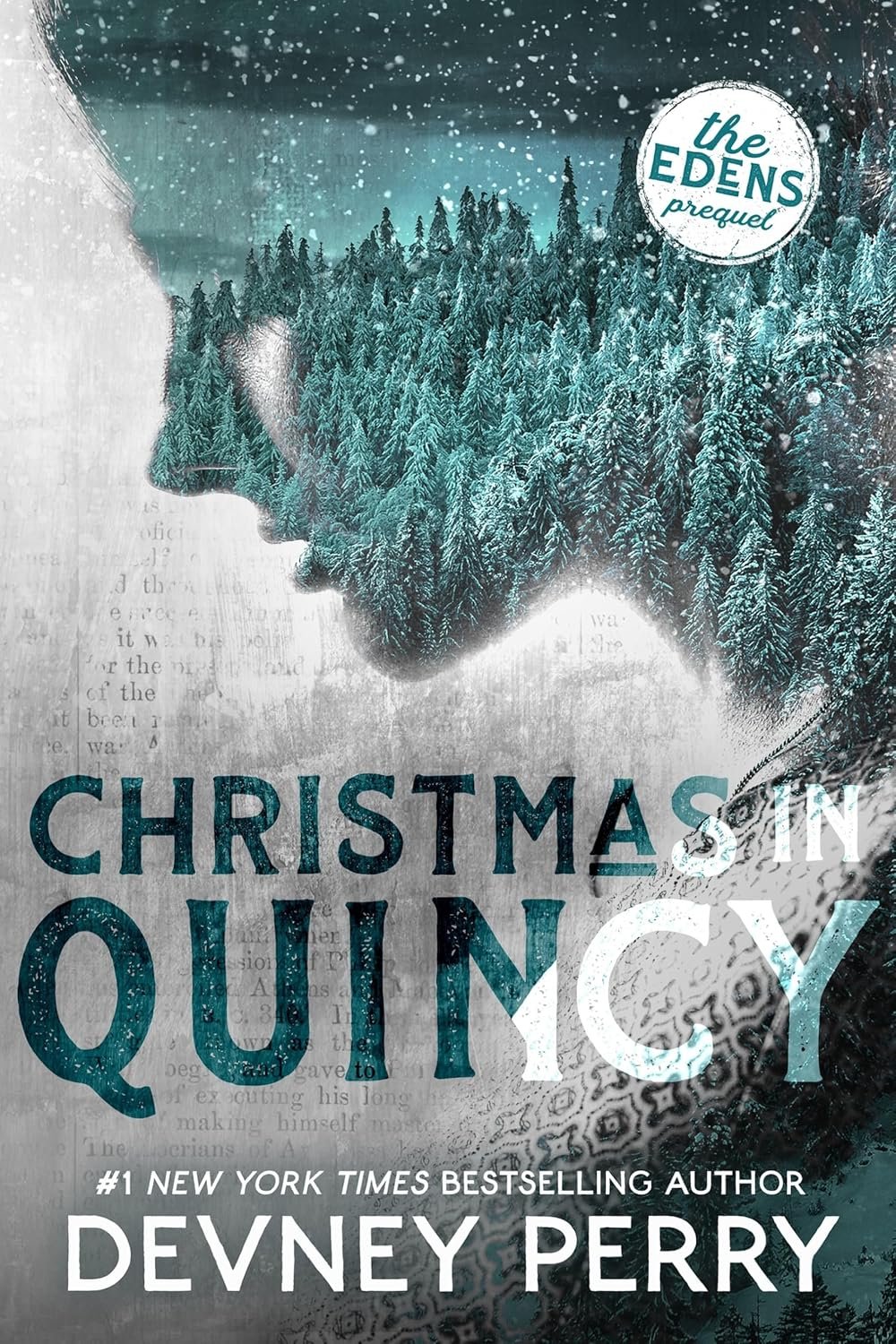 Book cover of "Christmas in Quincy" by Devney Perry shows a girl's silhouette shadow overlaid on a small town.