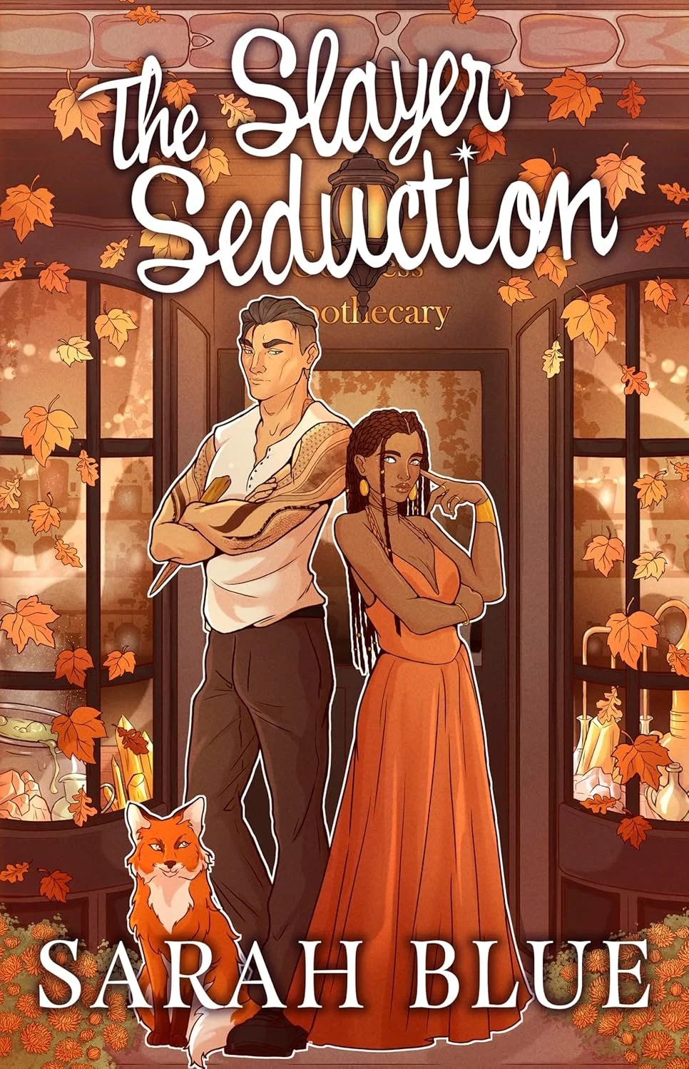 A book cover titled "The Slayer Seduction" by Sarah Blue. The cover features an illustration of a man with crossed arms and an intense expression, wearing a white shirt and brown trousers, and a woman with braided hair, wearing an orange dress, with one finger on her cheek. They are standing in front of a cozy shop with autumn leaves falling around, a fox at their feet, and warm lighting from inside.