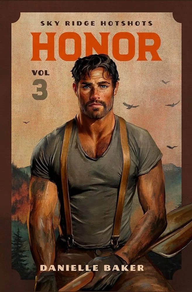 Book cover featuring a rugged fireman in a gray t-shirt with suspenders, labeled "Sky Ridge Hotshots HONOR Vol 3" by Danielle Baker.
