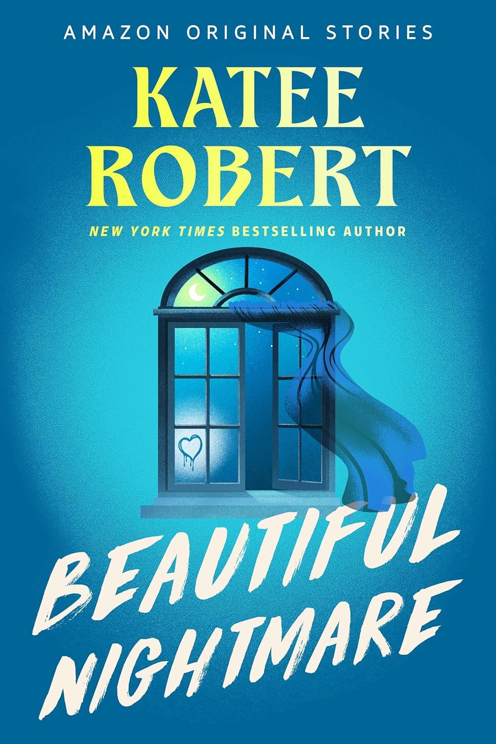 Book cover for 'Beautiful Nightmare' by Katee Robert, featuring a blue background with a blue window and a heart-shaped lock.