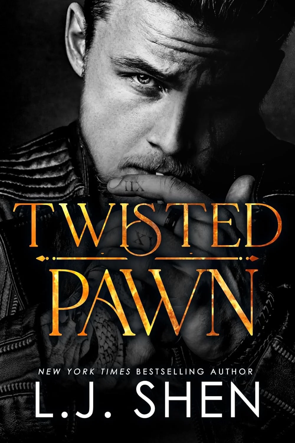 Close-up black and white photo of a man with a intense gaze, holding a cigarette near his lips, with the title "Twisted Pawn" by L. J. Shen in bold orange and white letters.