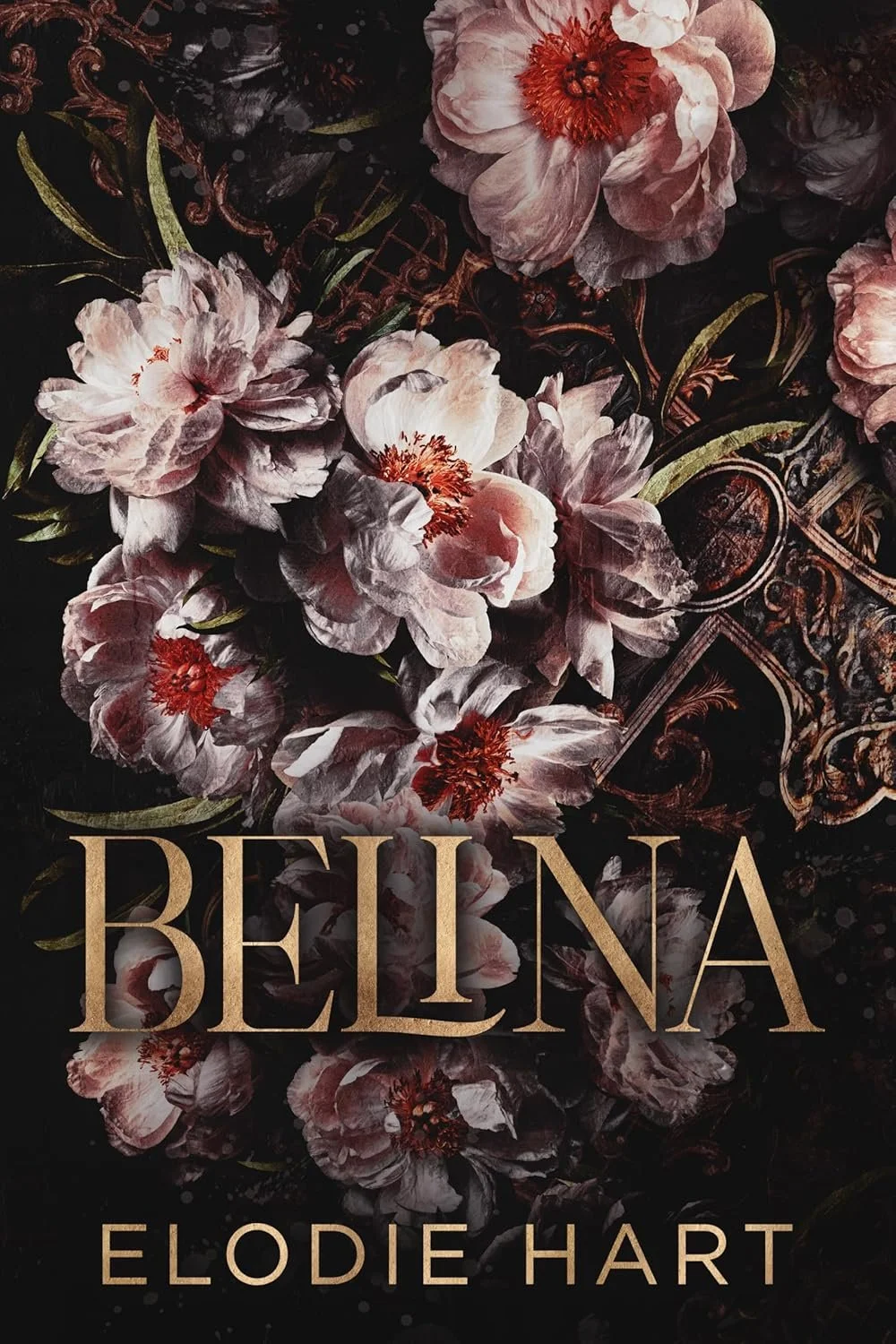 Book cover featuring pink and white peony flowers with dark background and ornate patterns, with the title 'BELINA' in large gold letters and the author's name 'Elodie Hart' at the bottom.