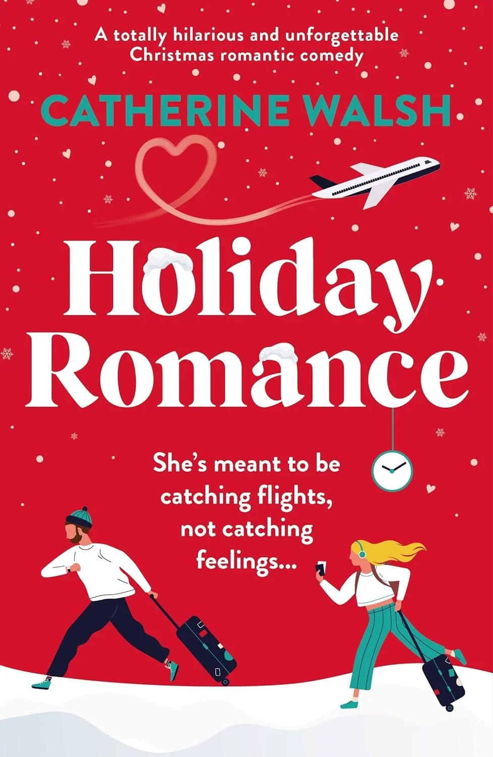 Book cover for Holiday Romance by Catherine Walsh is red white font, an airplane with a heart shaped tailwind, and two people rushing to the next cover edge with luggage.