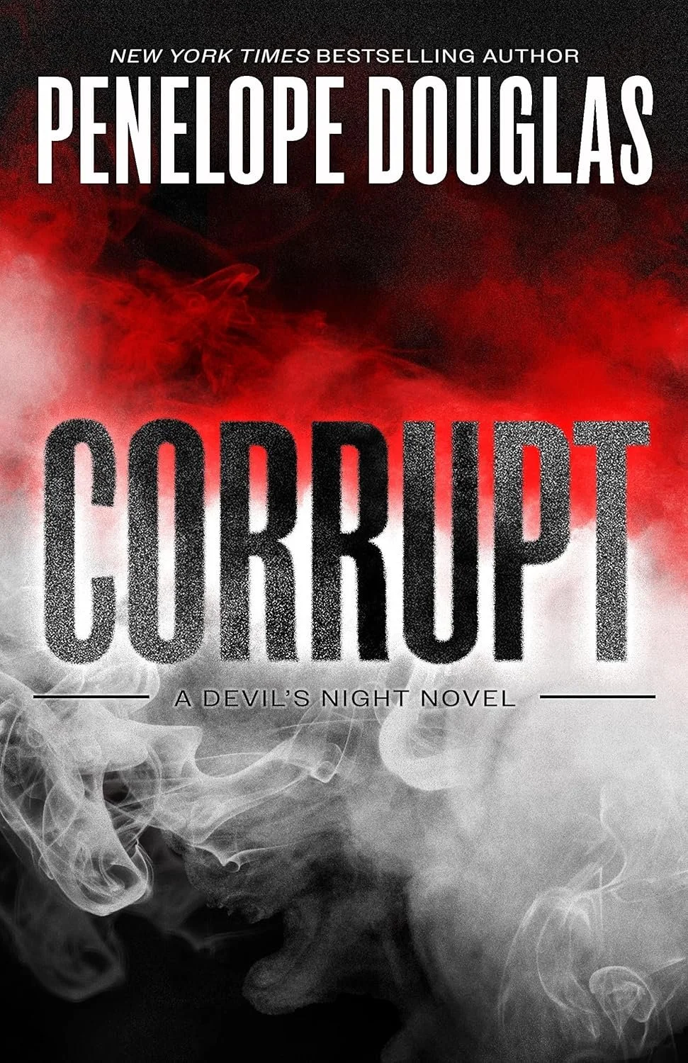 Book cover for 'Corrupt' by Penelope Douglas, with smoky red, black, and white background, and text indicating it is a Devil's Night novel.