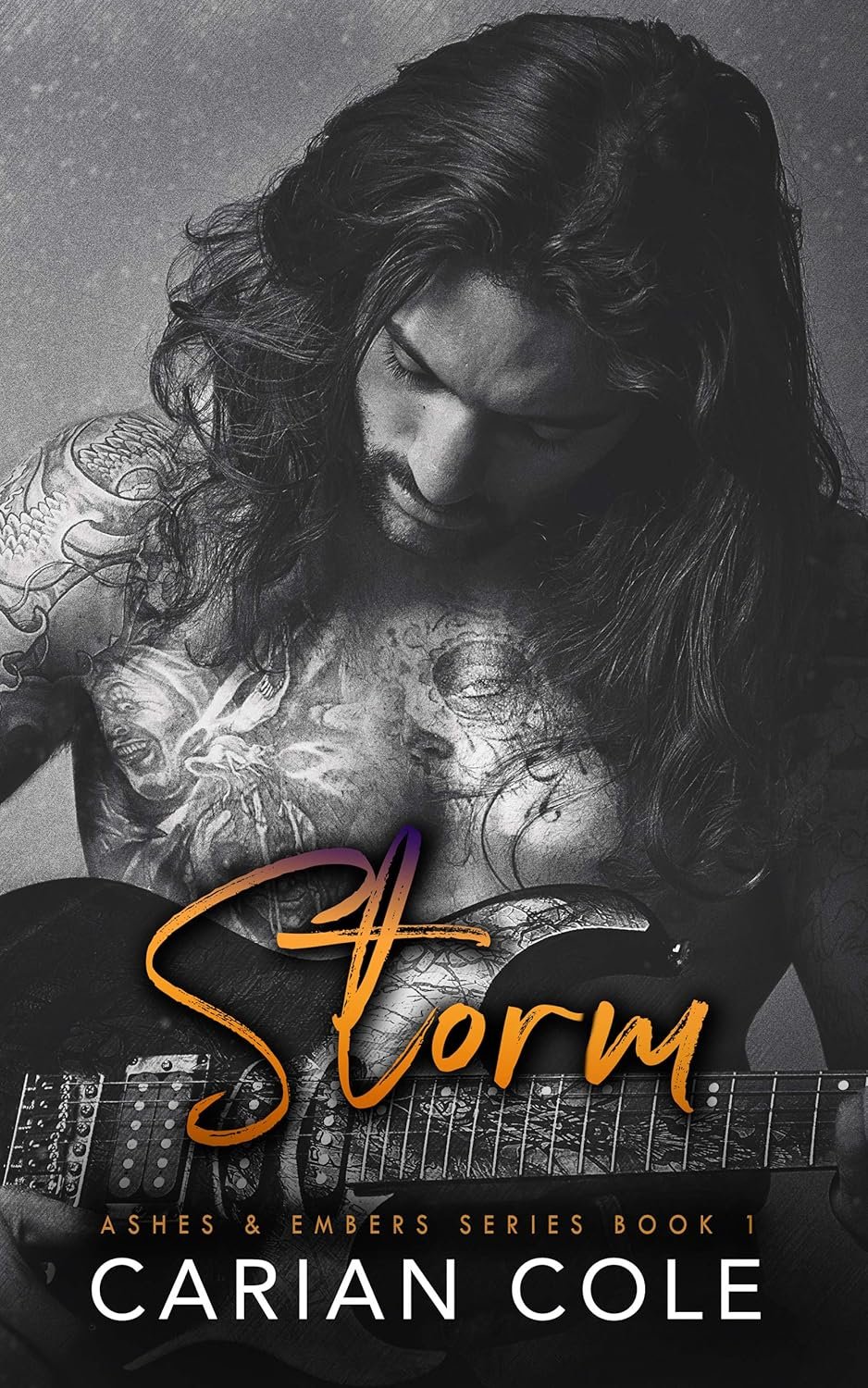 Book Cover for "Storm" by Carian Cole with black and white book cover featuring a man with long hair and tattoos playing an electric guitar.