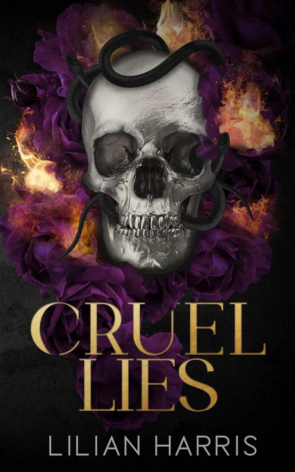 A book cover for 'Cruel Lies' by Lilian Harris featuring a human skull wrapped in a black snake, surrounded by purple petals with fiery orange and yellow flames, on a black background.