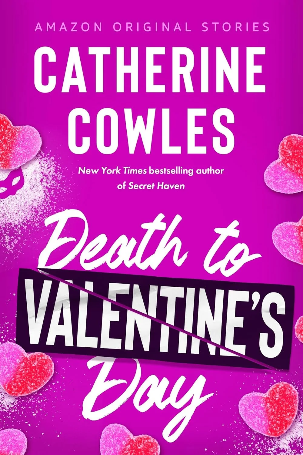 Book cover titled "Death to Valentine's Day" by Catherine Cowles with a pink background and scattered sugar-coated heart-shaped candies.