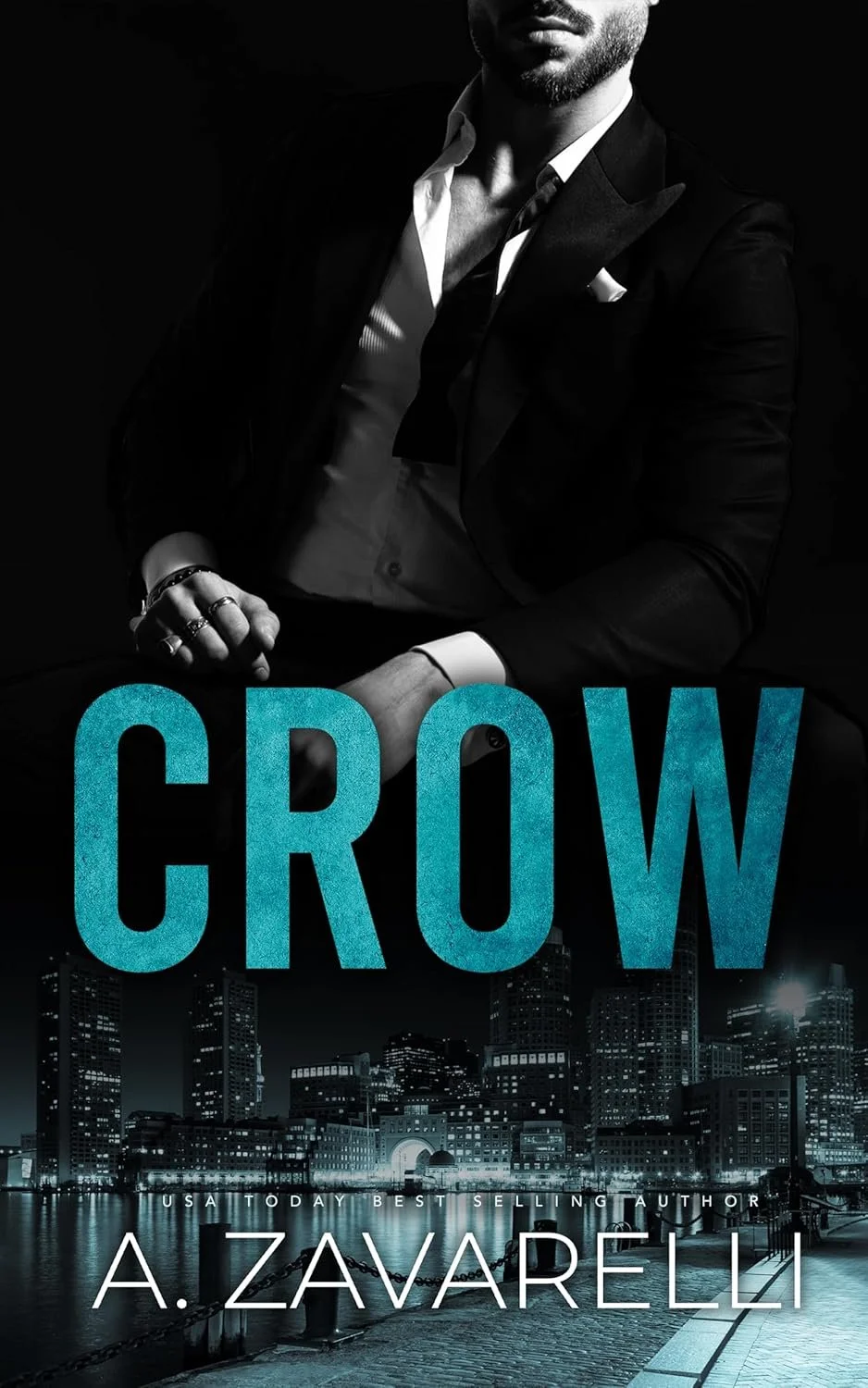 Book cover of 'CROW' by A. Zavarelli, featuring a black and white photo of a man in a suit with a city skyline at night in the background.