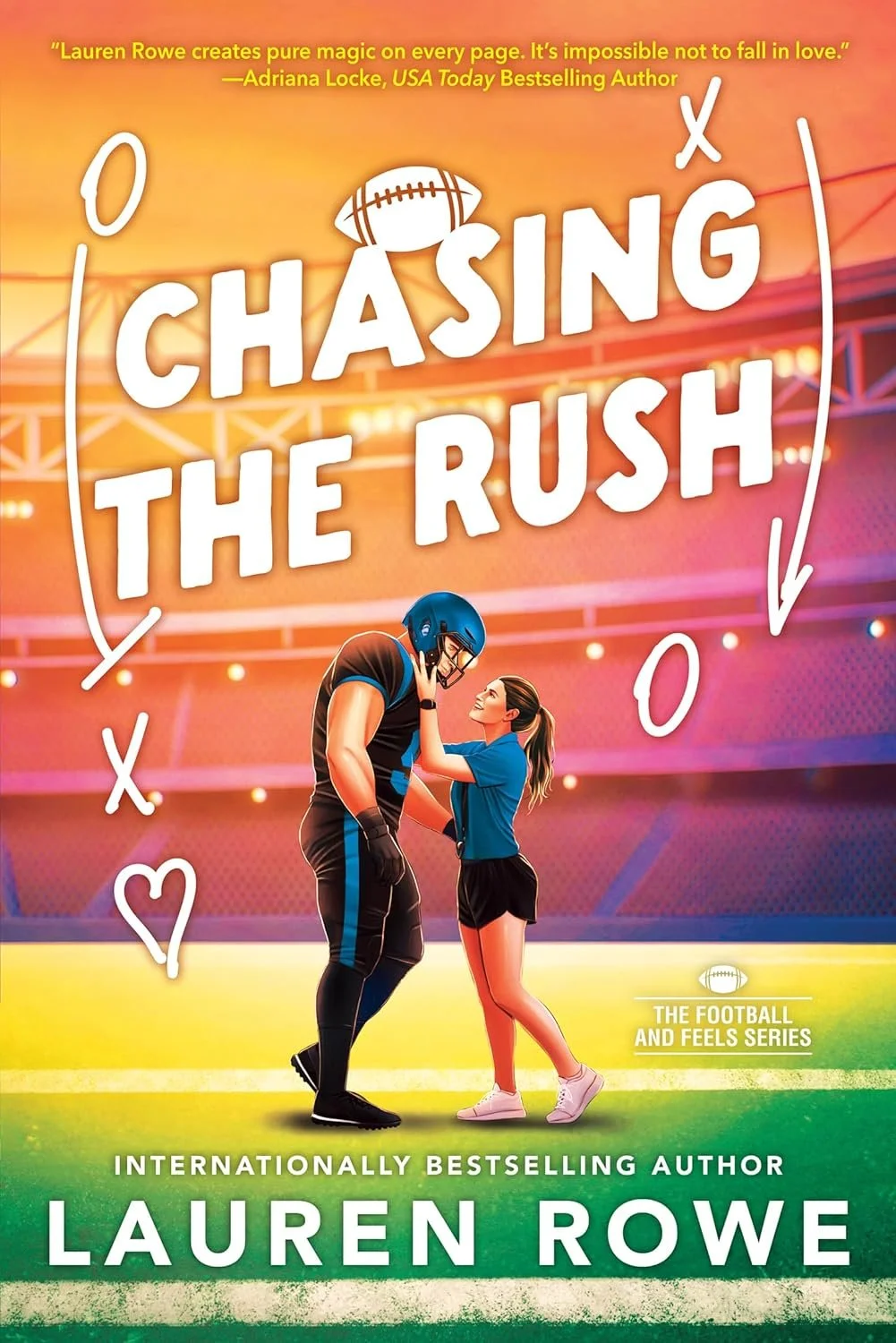 Book cover titled 'Chasing the Rush' by Lauren Rowe with a blue background and a white logo at the bottom. The top right corner has a peeled page effect with the text 'Cover to be revealed soon!'.