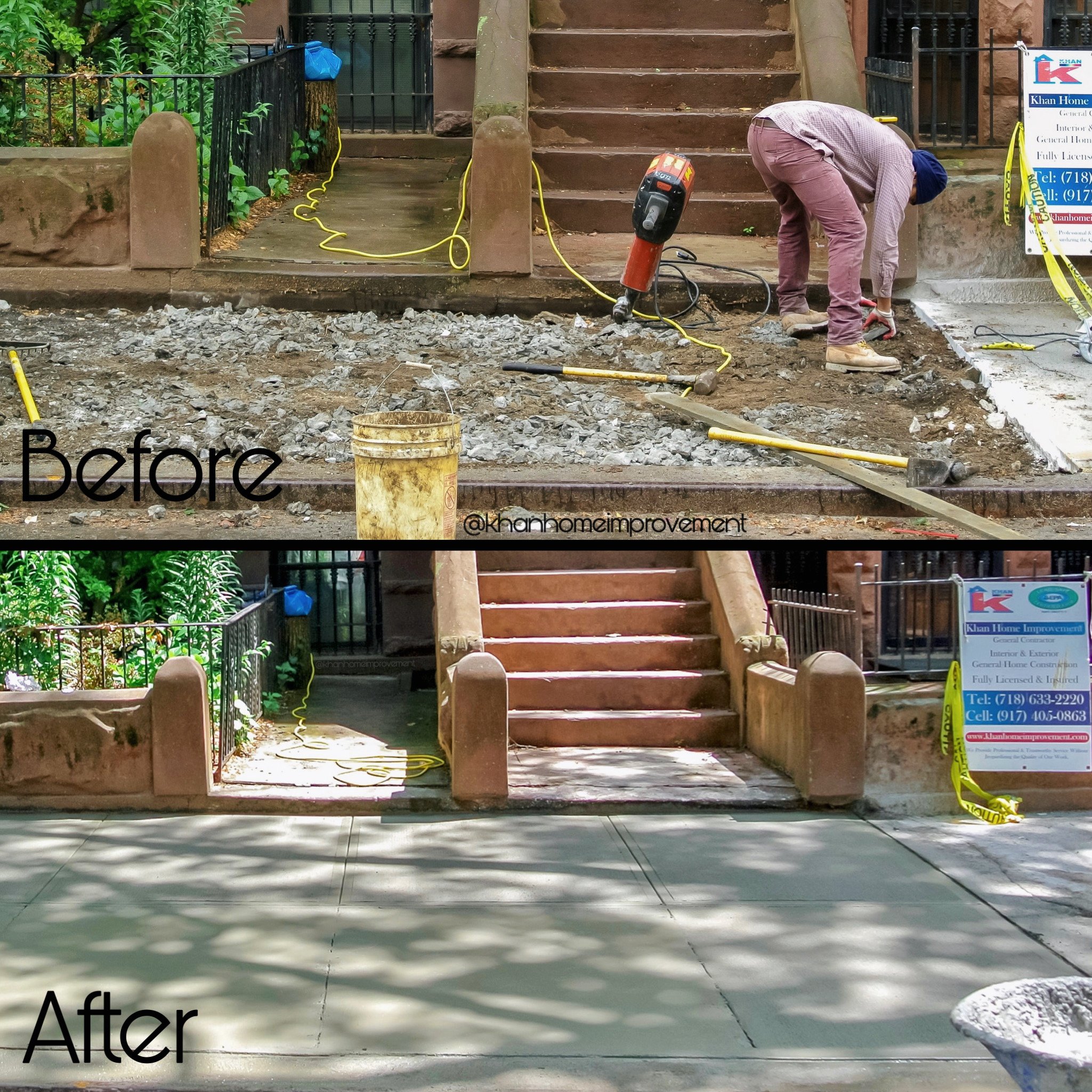 Comparison image showing a brownstone staircase and sidewalk before and after sidewalk repair by Khan Home Improvement. The "Before" image shows the stairs and surrounding area under construction with gravel and exposed dirt, while the "After" image