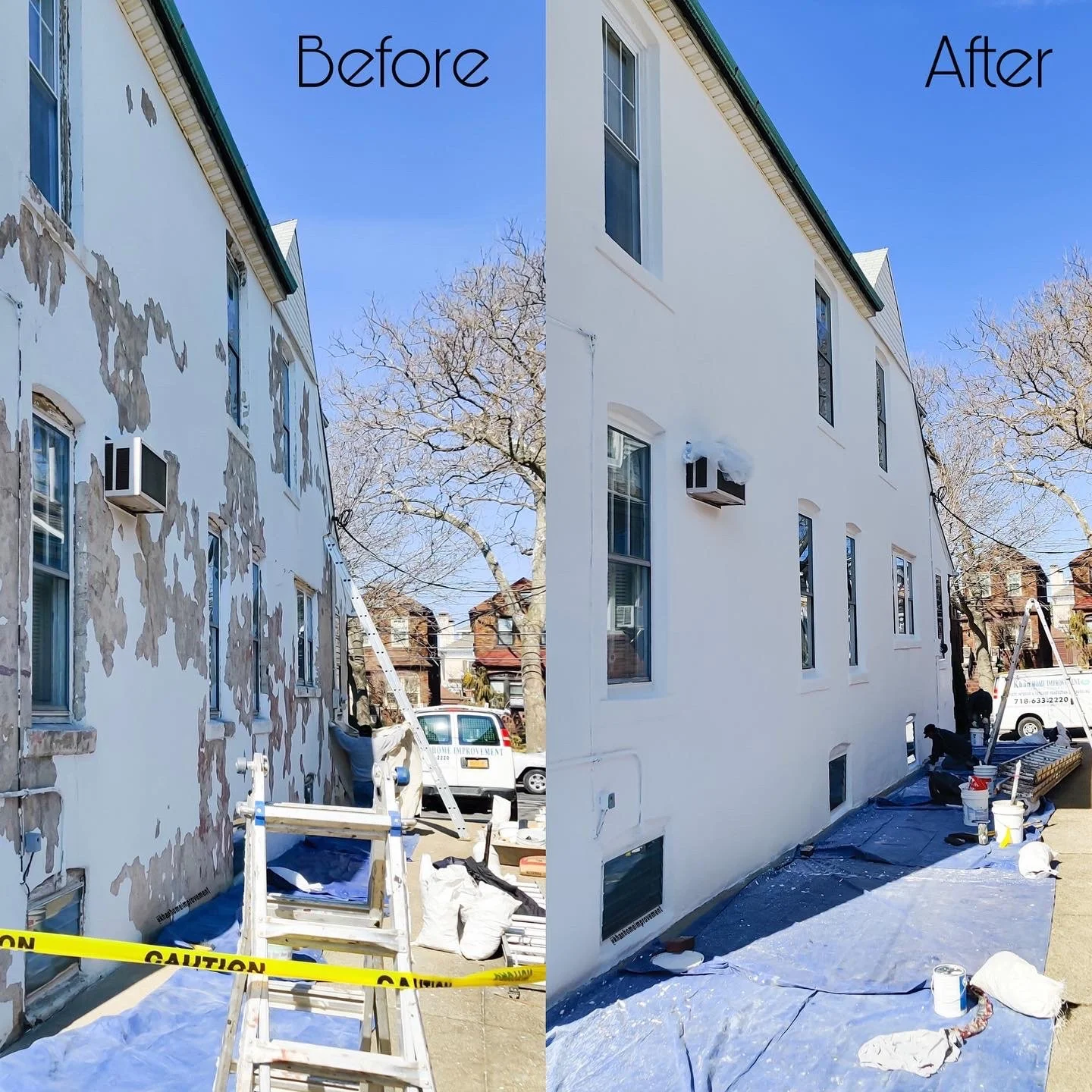 Side-by-side comparison of a building before and after a renovation: the left shows peeling paint and damage, the right displays a freshly painted, smooth white exterior wall.