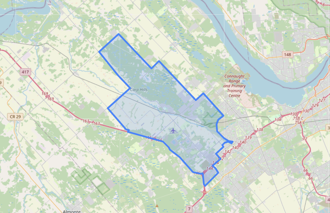 Map showing the boundaries and layout of Carp, Ontario, highlighting its location in relation to nearby areas in Ottawa’s west end.