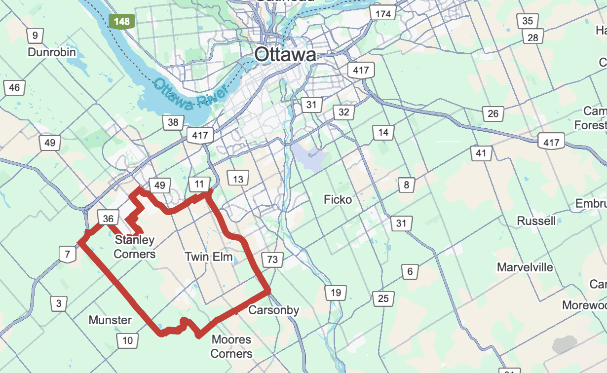 Map of Richmond Ontario showing boundary outline in red
