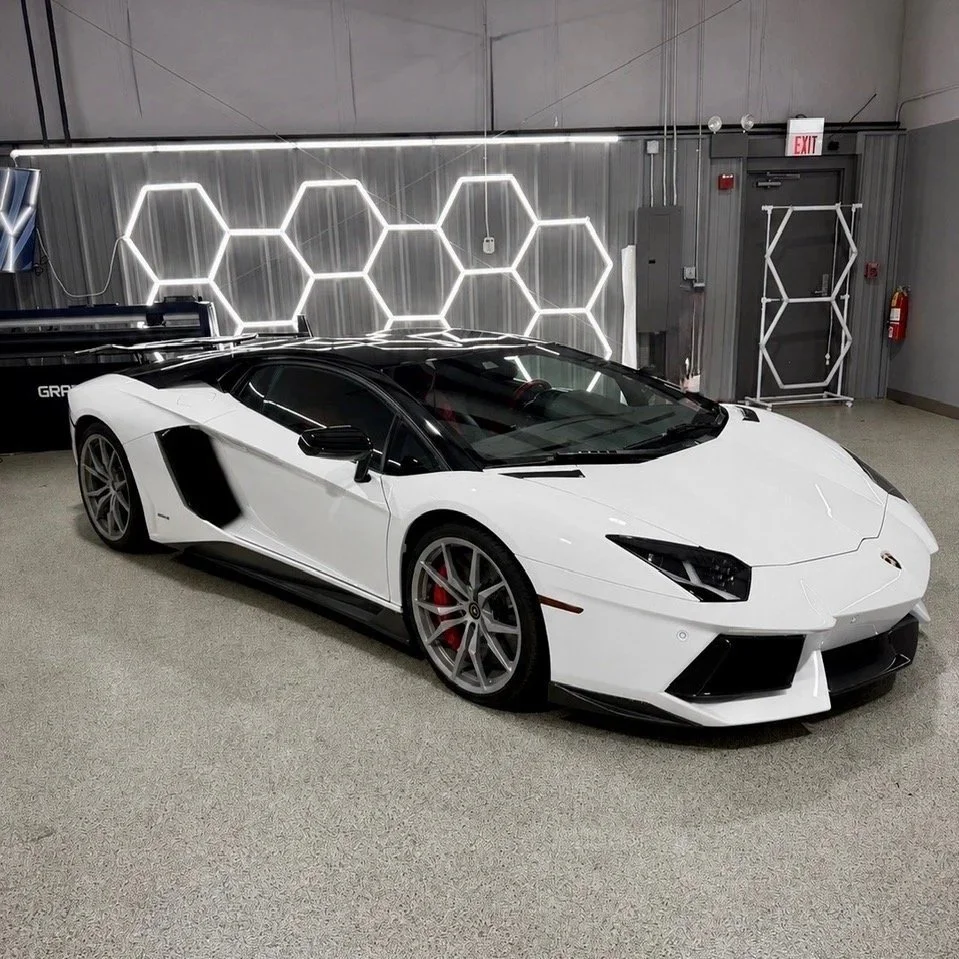 Lamborghini Aventador full coverage ppf and gloss black roof wrap installed at PrimeVue Protection 