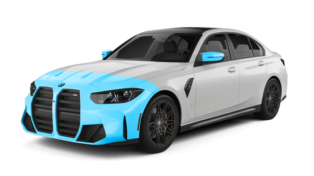 PrimeVue Partial Front PPF package coverage diagram showing front bumper, hood section, fenders and mirrors