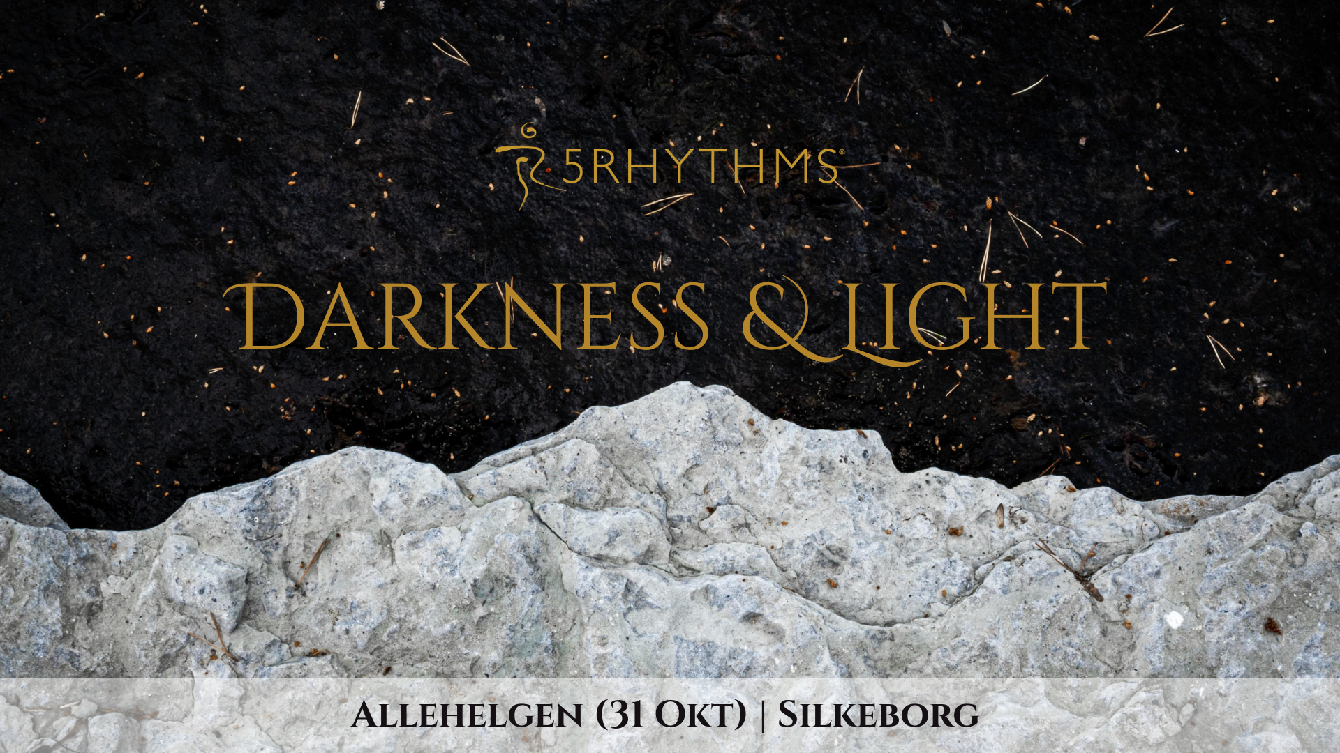 Banner med teksten 'Darkness & Light' foldet over to forskellige stenlag. Banneret fortæller om en workshop den 31. oktober i Silkeborg.