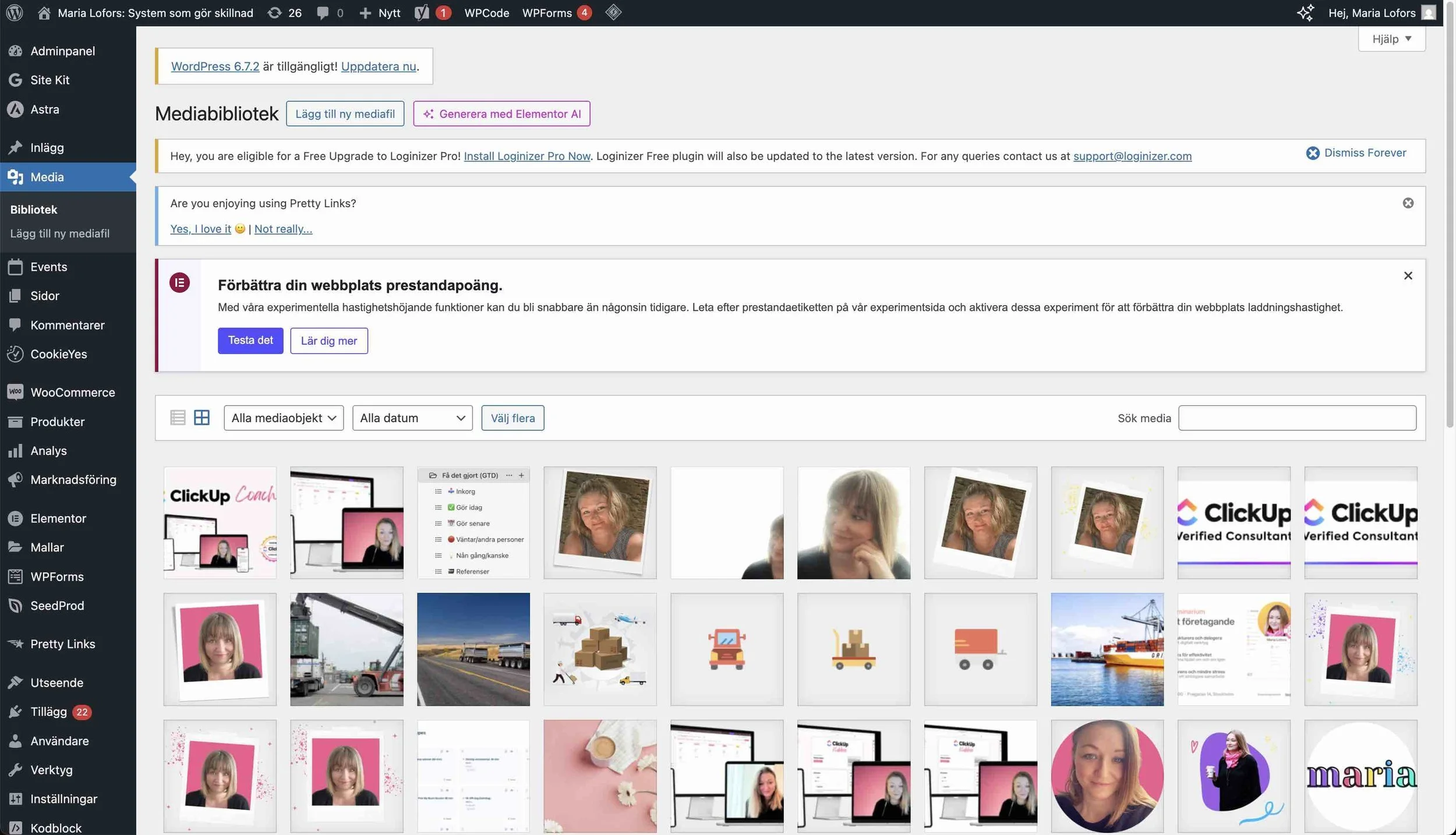 Srörig struktur i mediabibliotek i Wordpress, med över 100 st sidor.
