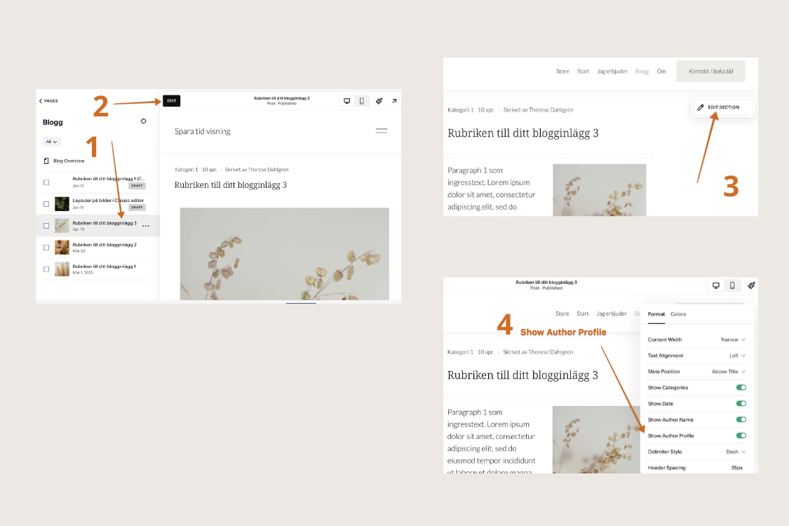 Slå på/aktivera profiltexten i blogginställningarna