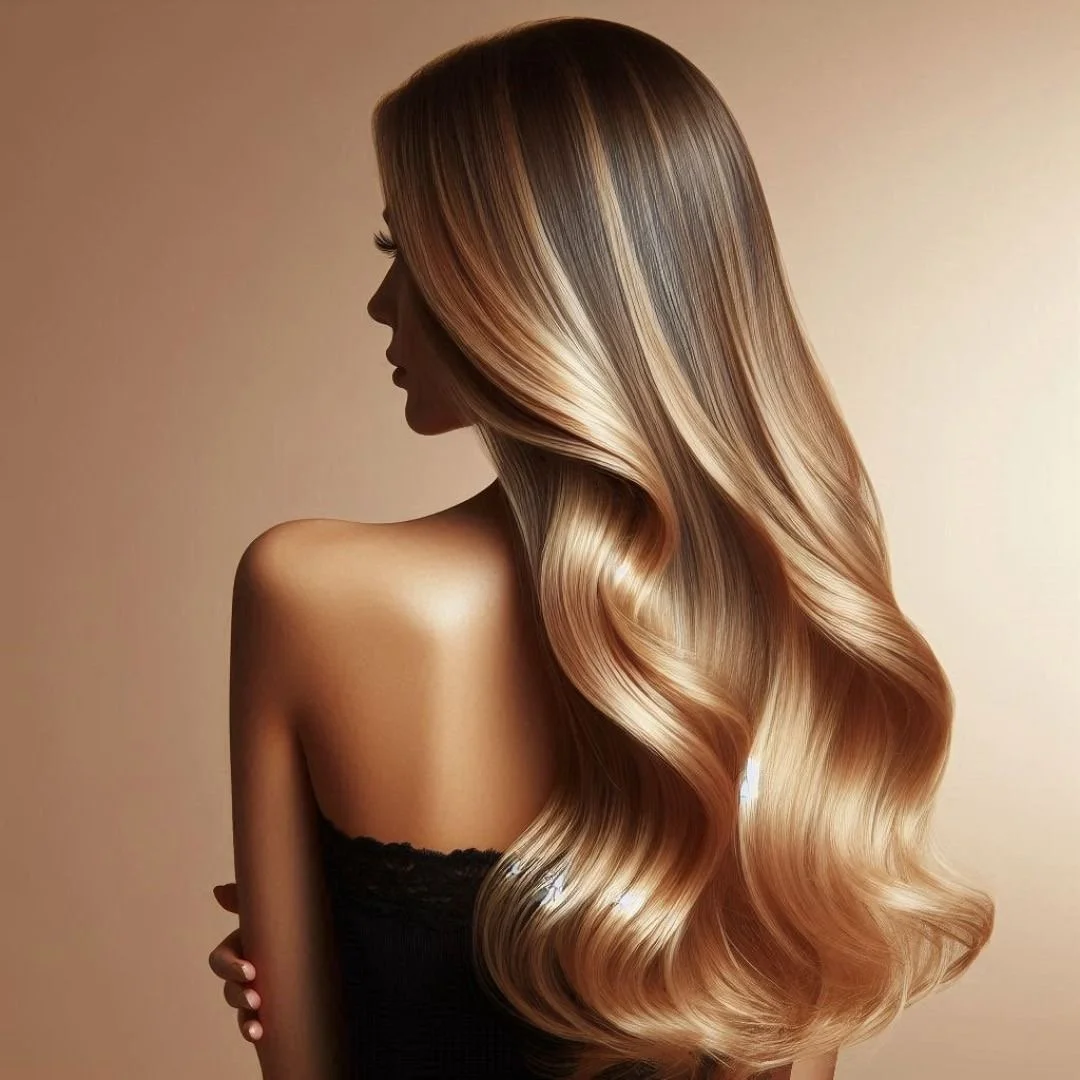 A woman with long, wavy, blonde hair looking to the side and wearing a black sleeveless top.