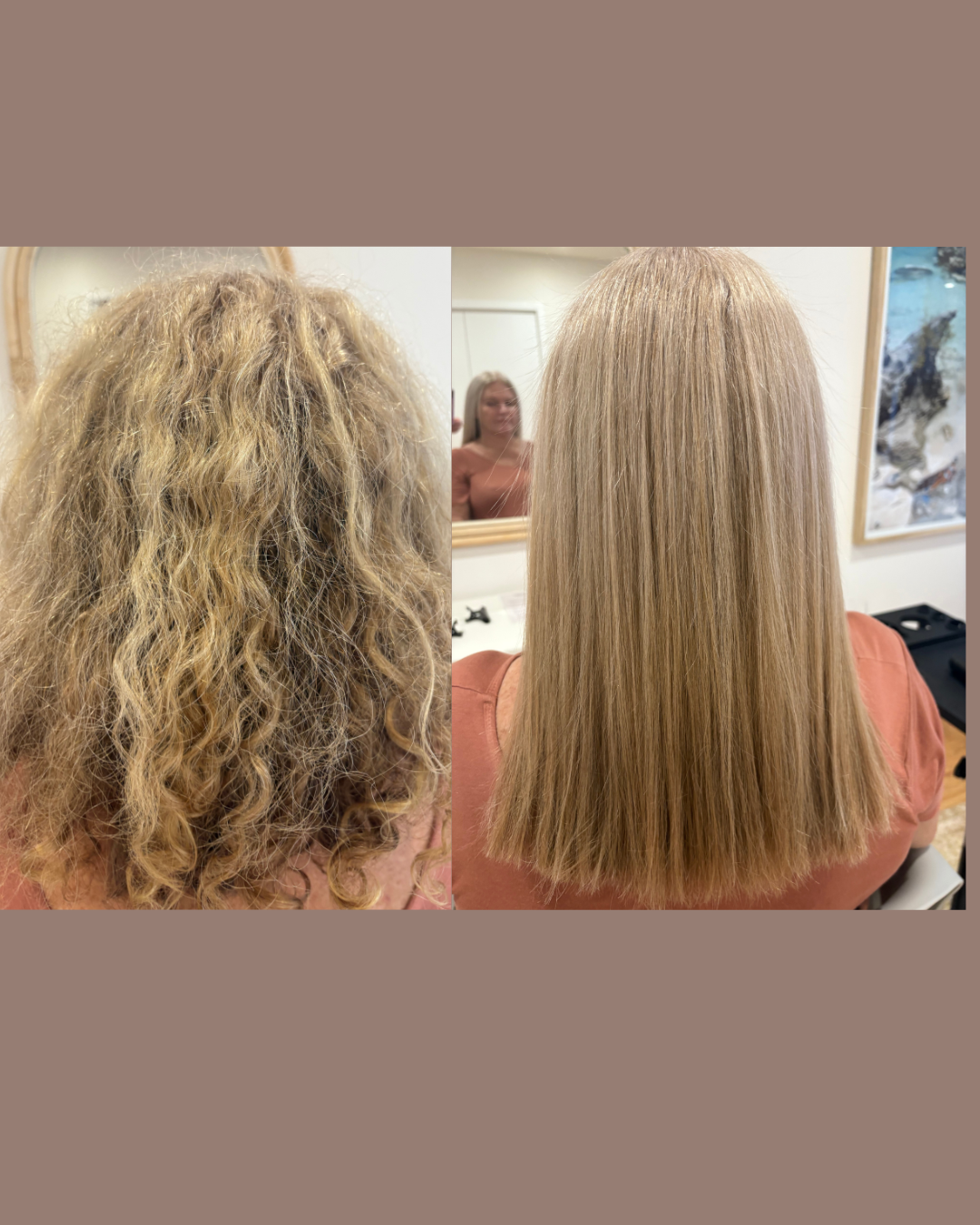 Comparison of a woman's hair before and after hair treatment, showing curly, frizzy hair on the left and straight, smooth hair on the right.