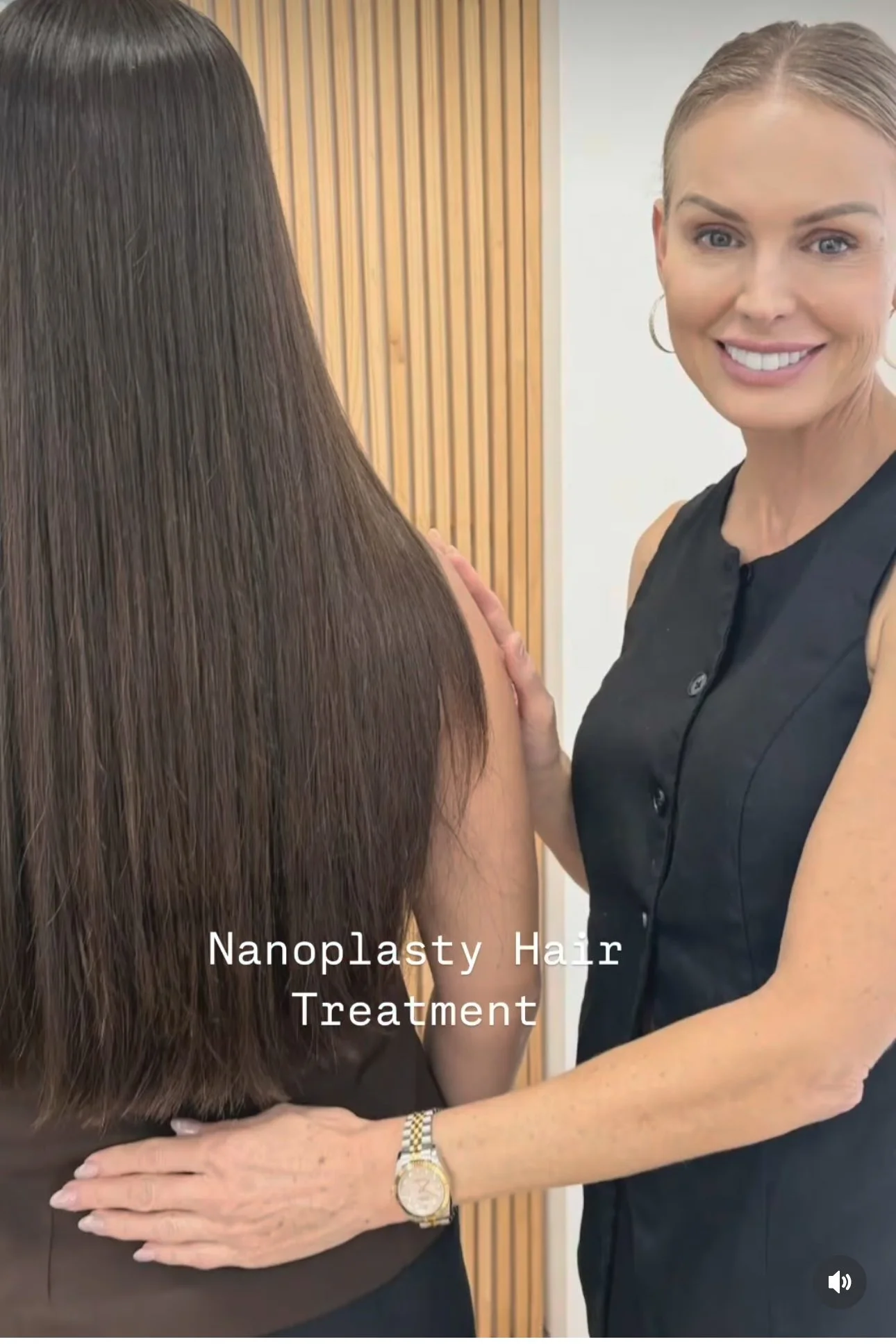 A woman with sleek, straight brown hair smiling and holding a patient's shoulder, who has long, dark, shiny hair. The text overlay says 'Nanoplastsy Hair Treatment'.