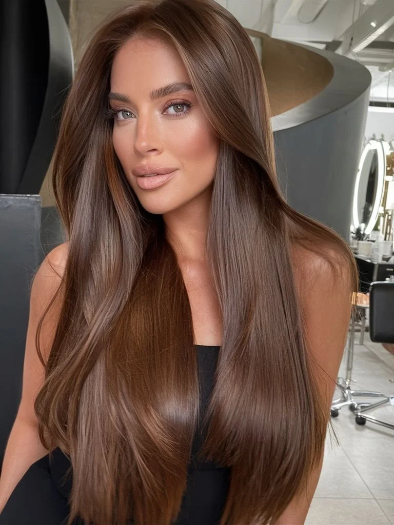 A woman with long, straight brown hair and light makeup sitting in a salon or studio with professional equipment and lighting in the background.