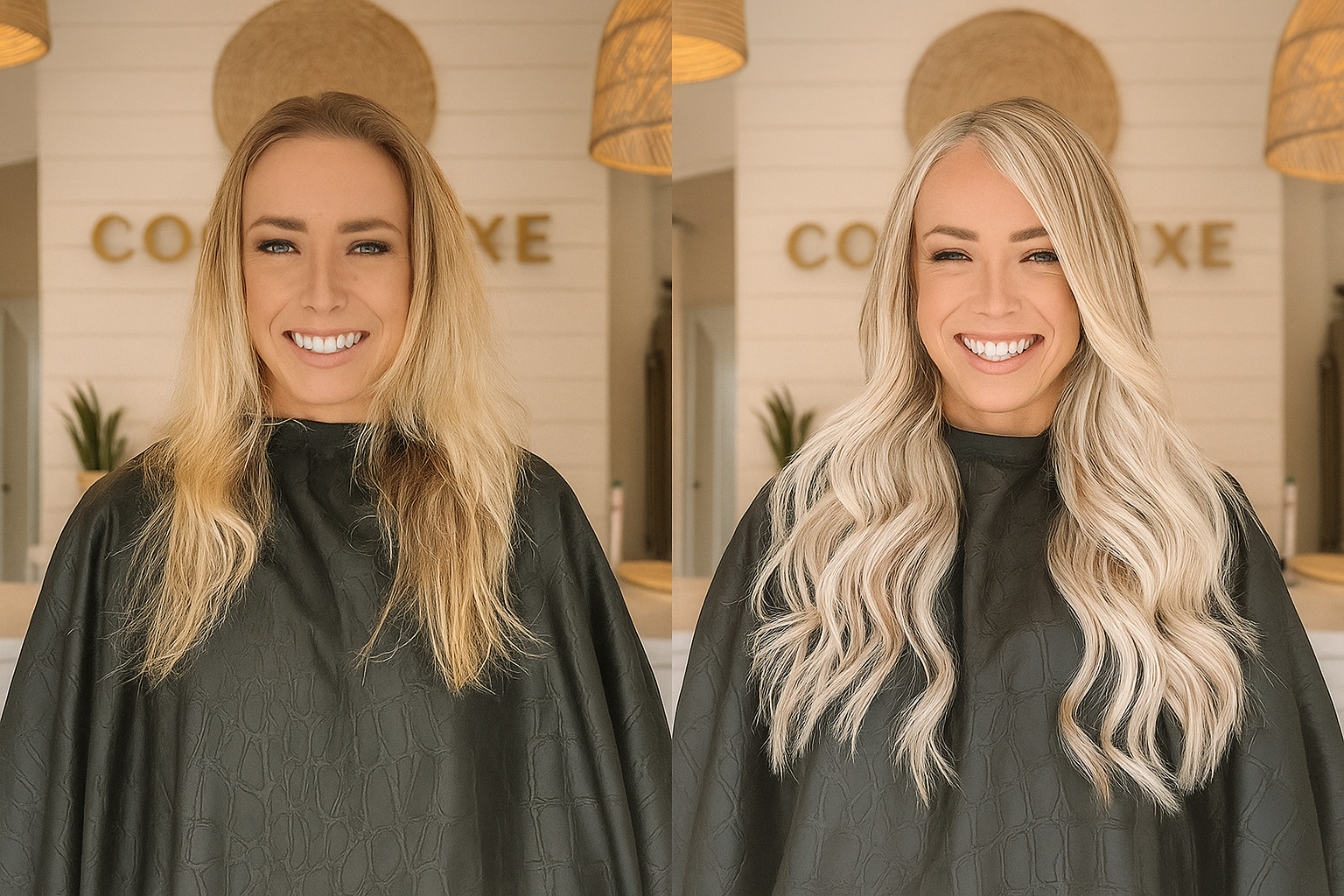 Side-by-side images of a woman before and after a hair transformation, smiling and wearing a black salon cape in a salon setting.