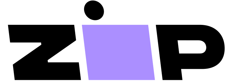 Zipp logo with black and purple letters on a white background.