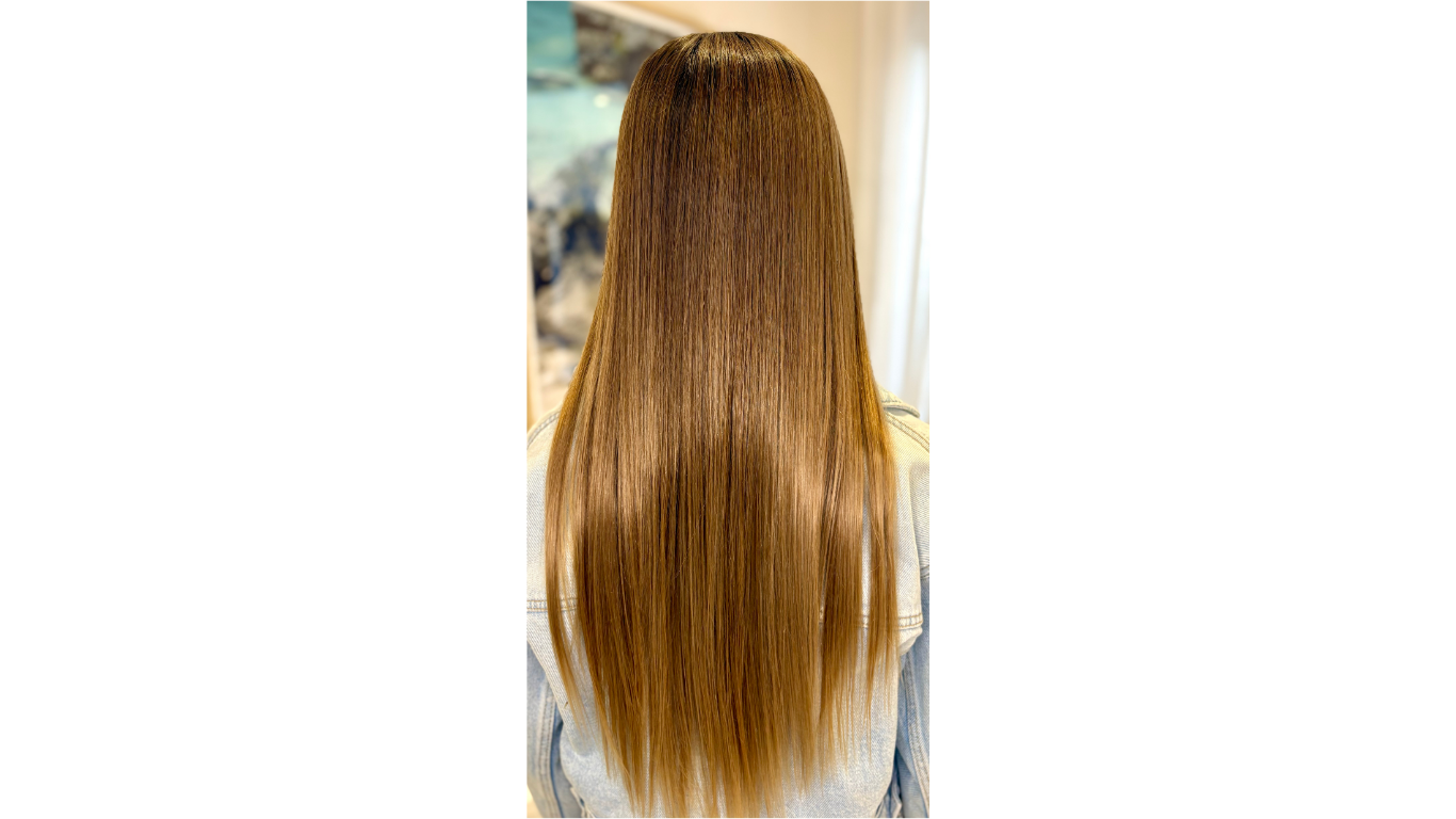 Back view of a person with long, straight, shiny light brown hair.
