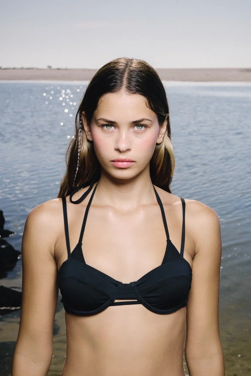 A young woman with long brown hair, wearing a black bikini top, standing in front of a body of water with a clear sky.