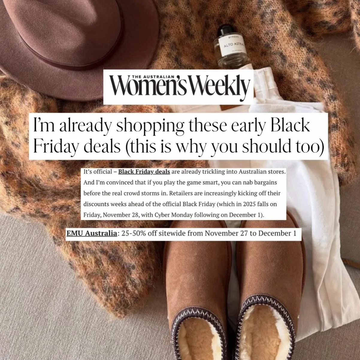 IN THE HUSH HOUSE: Shoutout to @EMUAustralia for their most recent killer Black Friday sale! 
Not only was it a fan favourite with our team to stock up on some Winter pieces, but it also gained lots of media coverage, swipe to see the press landings 