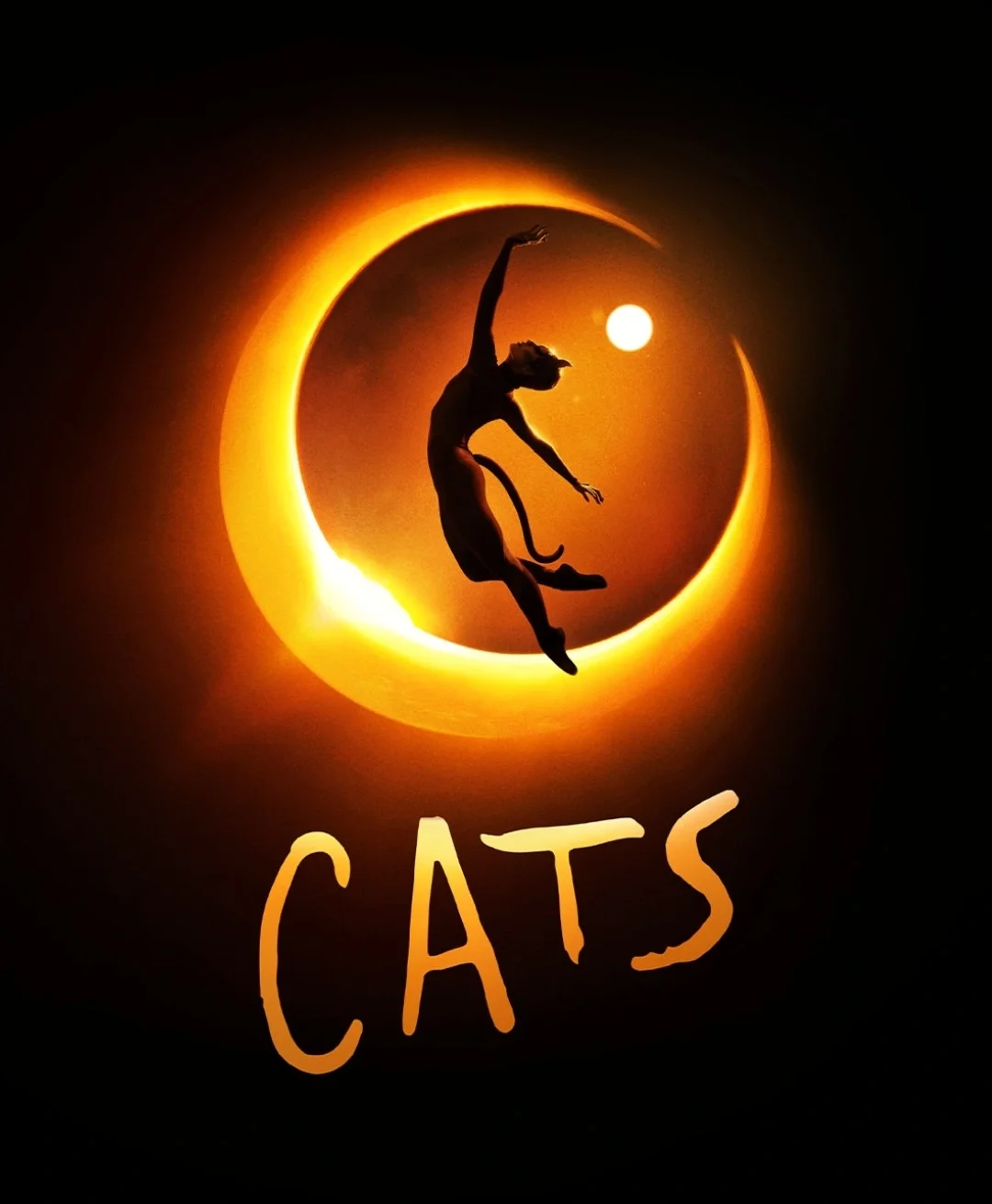 Silhouette of a running cat inside a crescent moon, with a small sun or planet in the background, and the word 'CATS' written below in stylized text.
