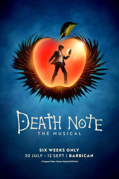 Promotional poster for the musical 'Death Note,' featuring a person within a glowing peach surrounded by a spiky fruit peel, over a blue background, with event details at the bottom.