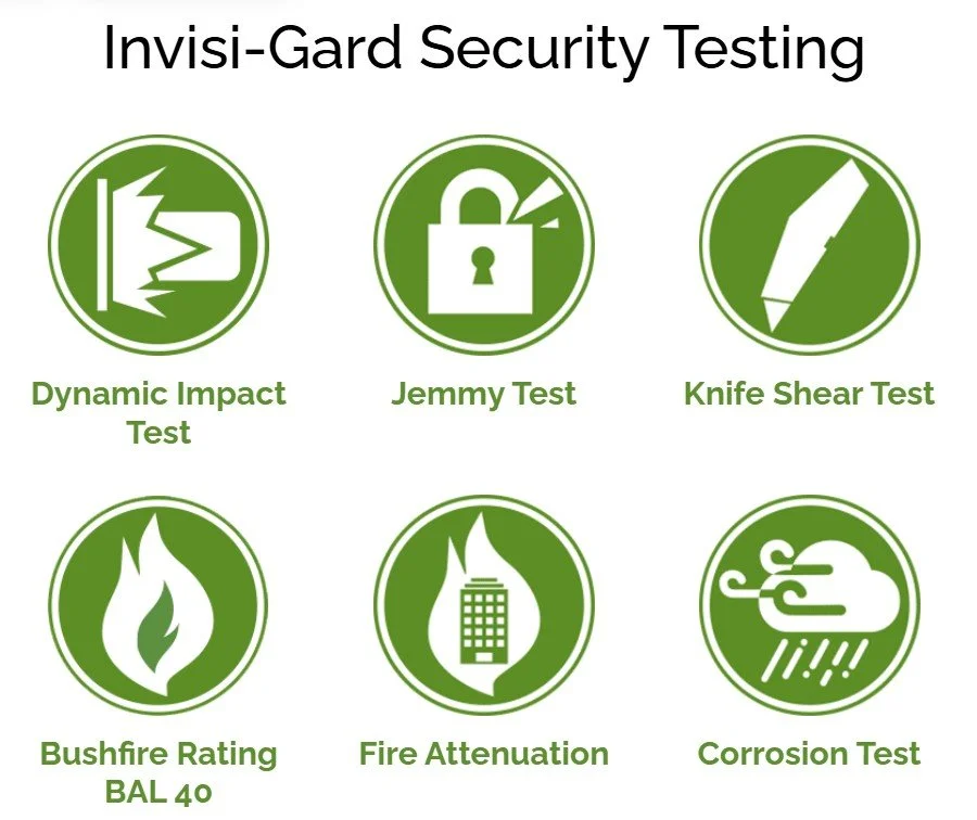 An infographic titled 'Invisi-Gard Security Testing' showing six green icons with descriptions of security tests: Dynamic Impact Test, Jemmy Test, Knife Shear Test, Bushfire Rating BAL 40, Fire Attenuation, and Corrosion Test.