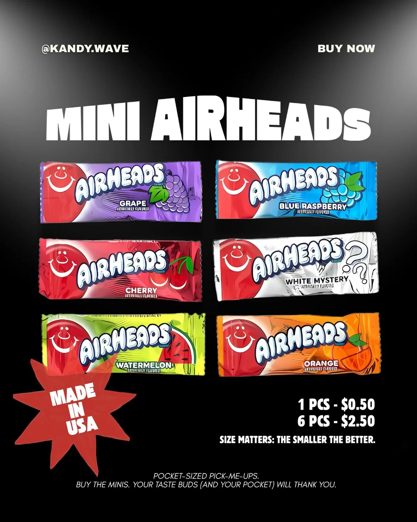 🚨New Drop🚨
Bigger isn&rsquo;t always better &mdash; meet the Mini Airheads now at @kandy.wave ‼️

Why settle for one big stick when you can have six little ones in different flavors?🤷&zwj;♀️😚
We&rsquo;ve got 6 bold flavours for you to choose from
