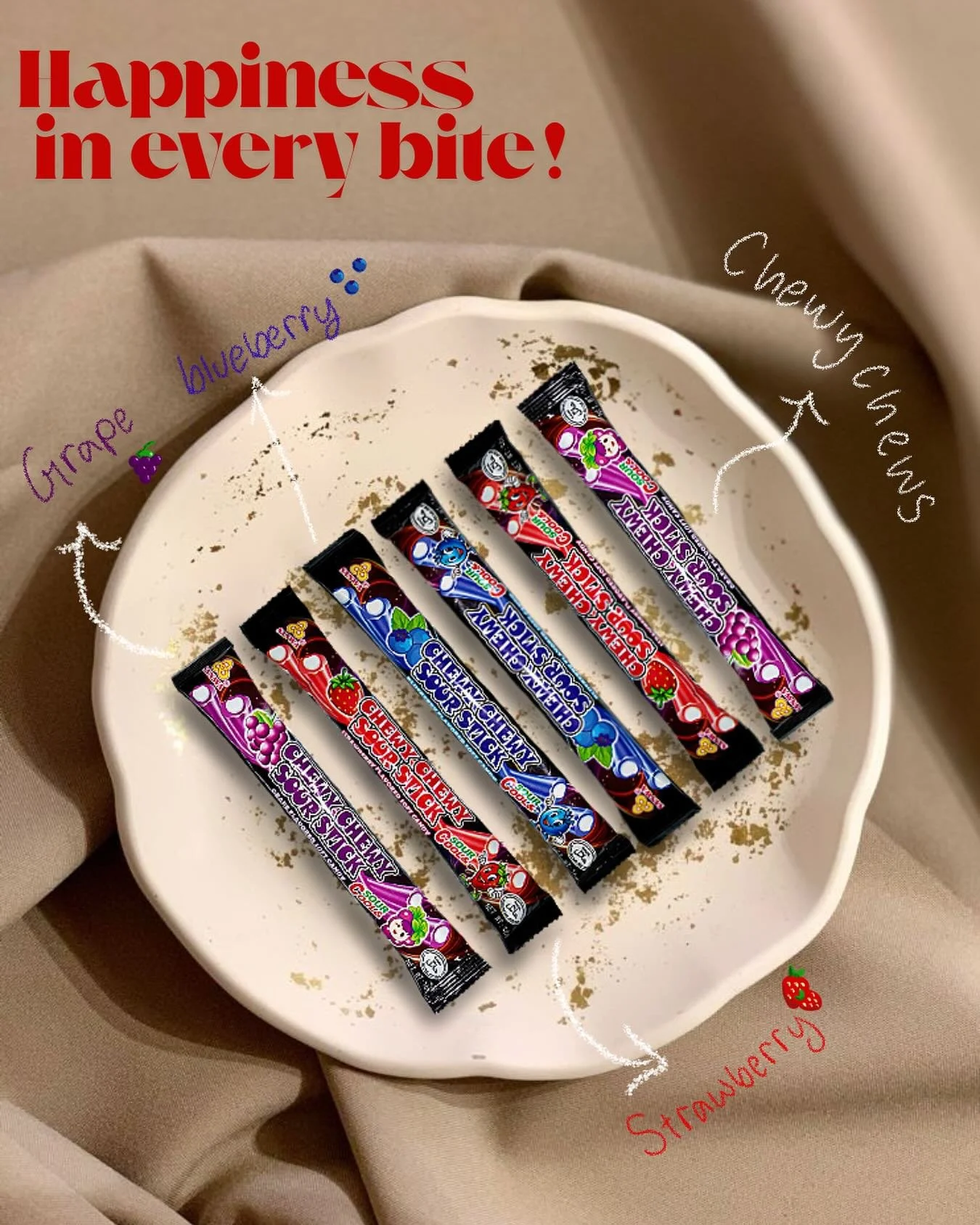 Now Dropping: Sour Chewy Chews
A little sour. A little sweet. A whole lotta crave.

Bundle it up: 3 for $2.50
or pick your mood:
&bull; Strawberries &ndash; $1
&bull; Blueberry &ndash; $1
&bull; Grape &ndash; $1

Soft. Juicy. Tangy.
Only at Kandy.Wav