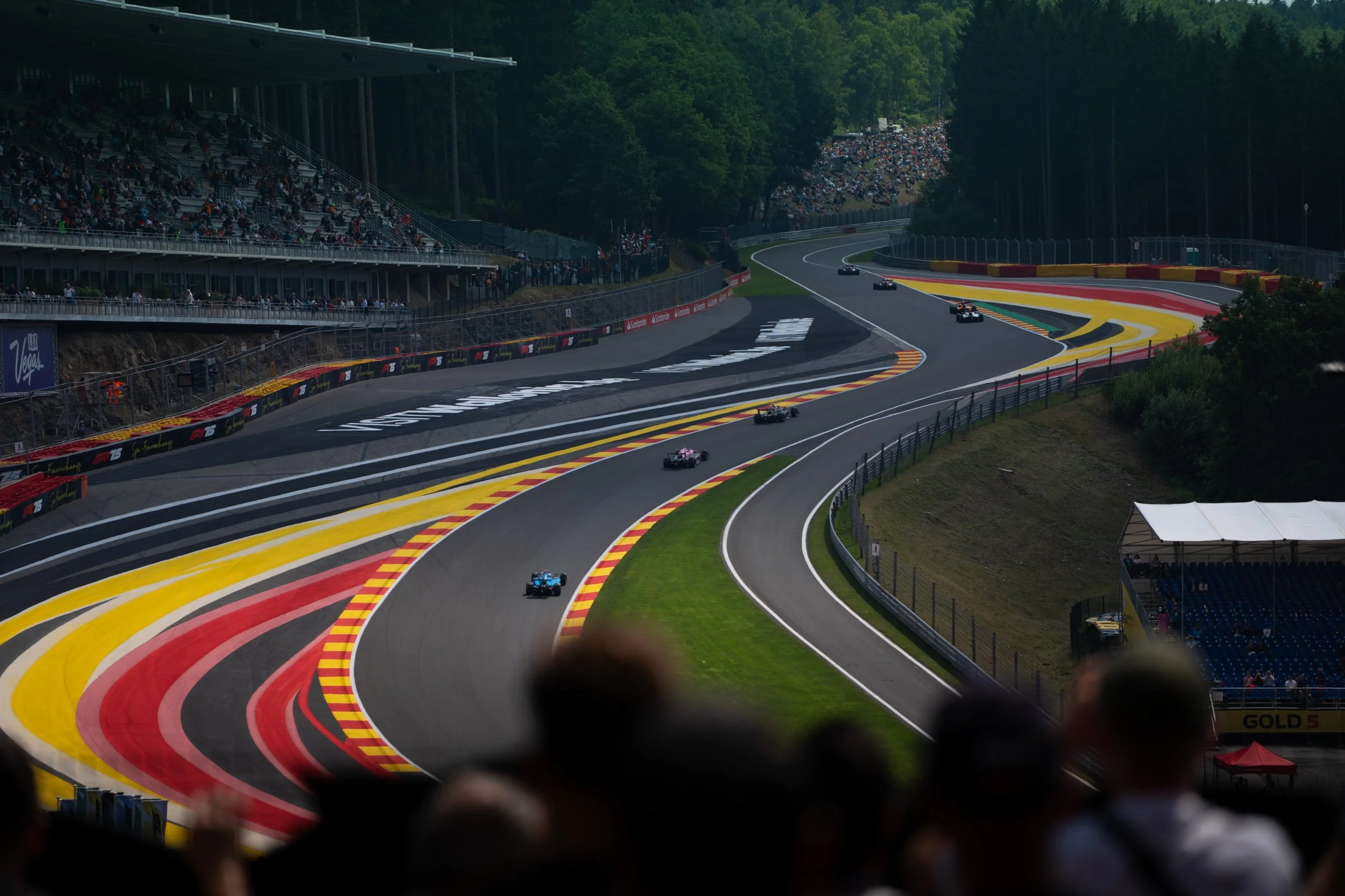 Race cars speeding on a racetrack with colorful painted curbs, surrounded by a large crowd of spectators in grandstands and hillside seating, with lush green trees in the background.