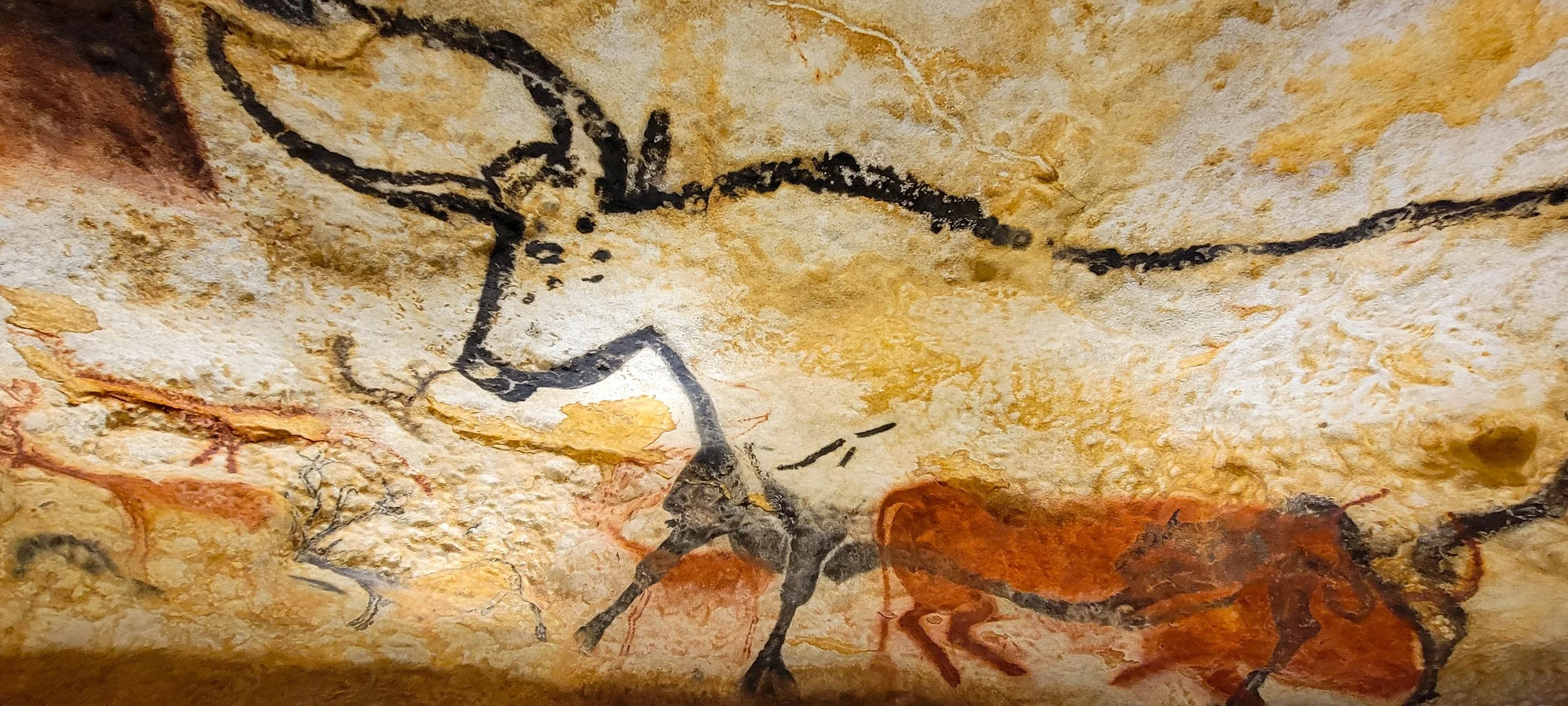Prehistoric cave painting of an animal, possibly an antelope, with black lines and some reddish-orange hues in a textured rock surface.