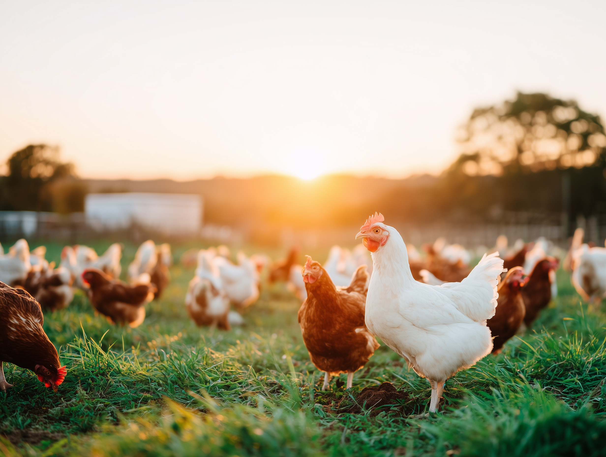 Hühner auf einer grünen Wiese beim Sonnenuntergang