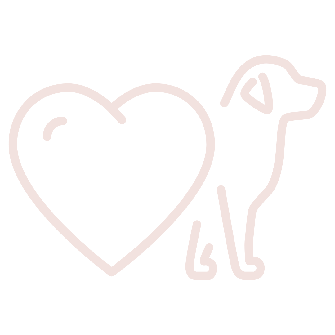 Outline of a heart and a dog on a black background.