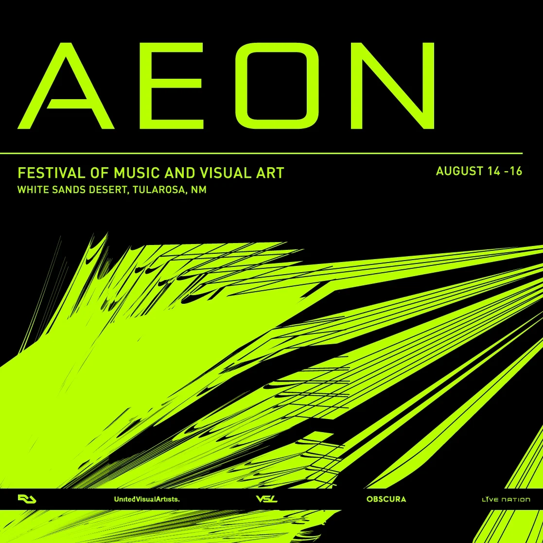 Aeon: A music festival hosted on the white gypsum crystal dunes of Tularosa, New Mexico. The stage layout is experimental. One mainstage and 3 surrounding pavilions all emit a singular audio track but are programmed to facilitate varied listeni