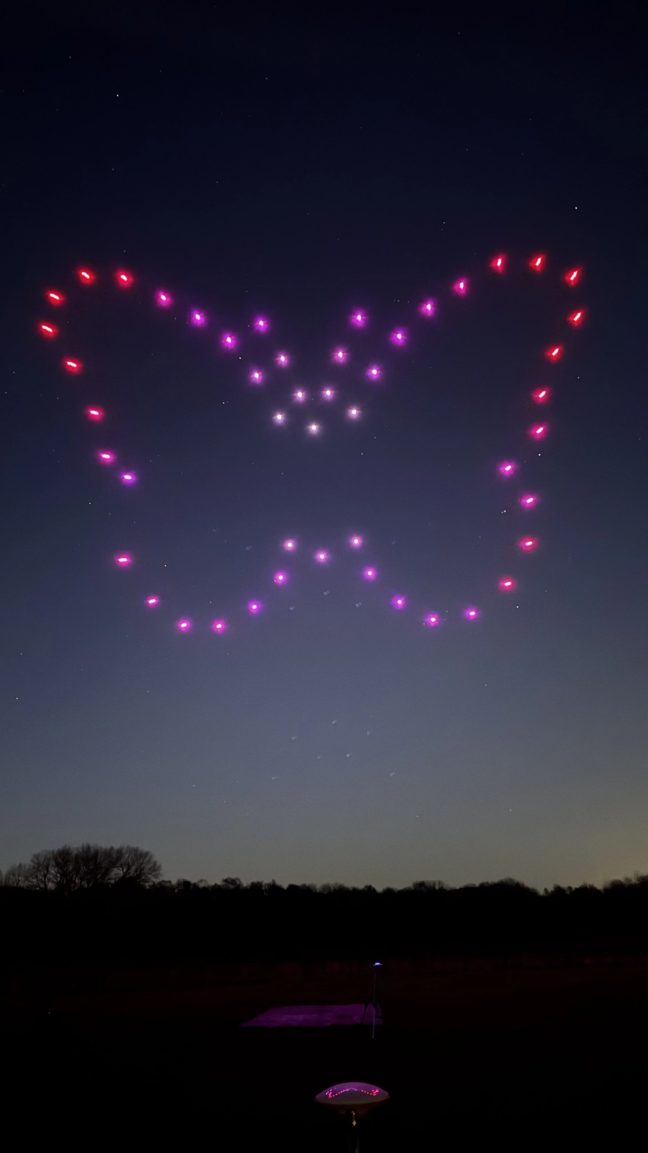 Drone light show forming a butterfly shape in the night sky with red and purple lights.