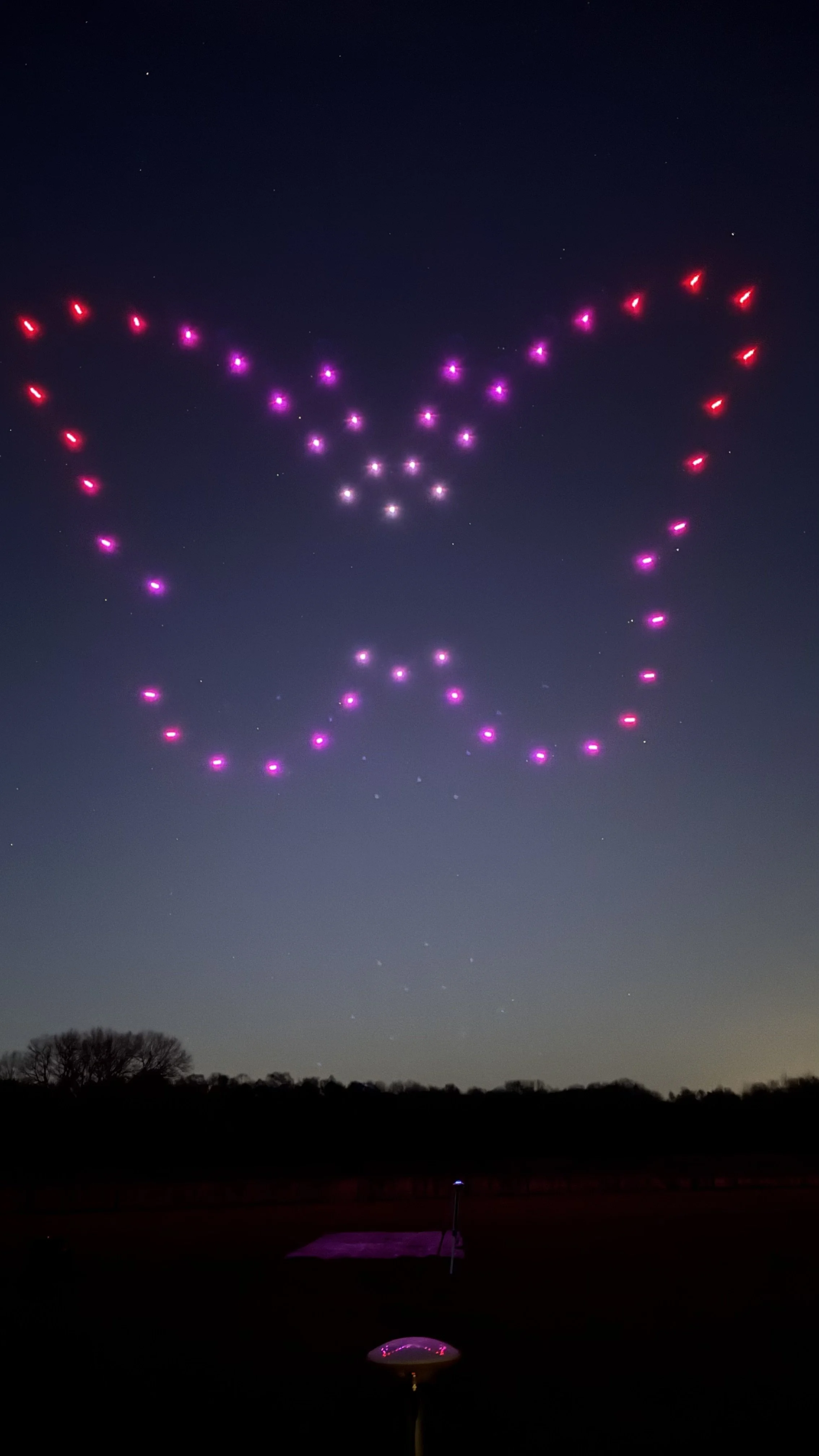 Night sky with drones forming a butterfly shape with purple and red lights.