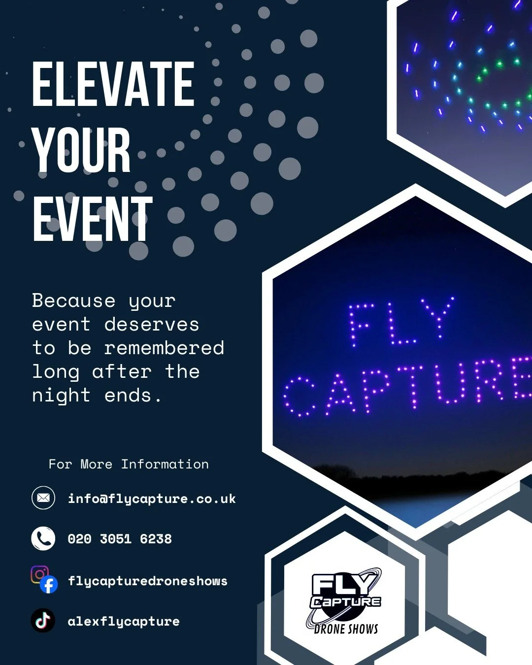 ✨ Elevate Your Event Beyond Expectations ✨
Transform your night sky into a canvas of light and motion. With Fly Capture Drone Shows, your event becomes an unforgettable experience — safe, eco-friendly, and designed to leave your audience in awe