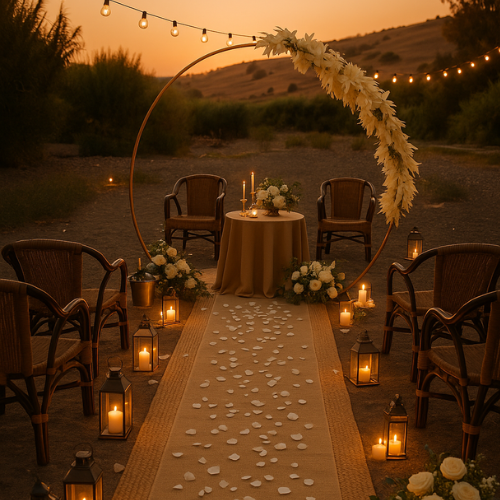 Dragonfly retreat Spain Garden Design setup Outdoor wedding ceremony setup at sunset with a circular floral arch, flower arrangements, candles, and chairs arranged along a rose petal-strewn aisle.